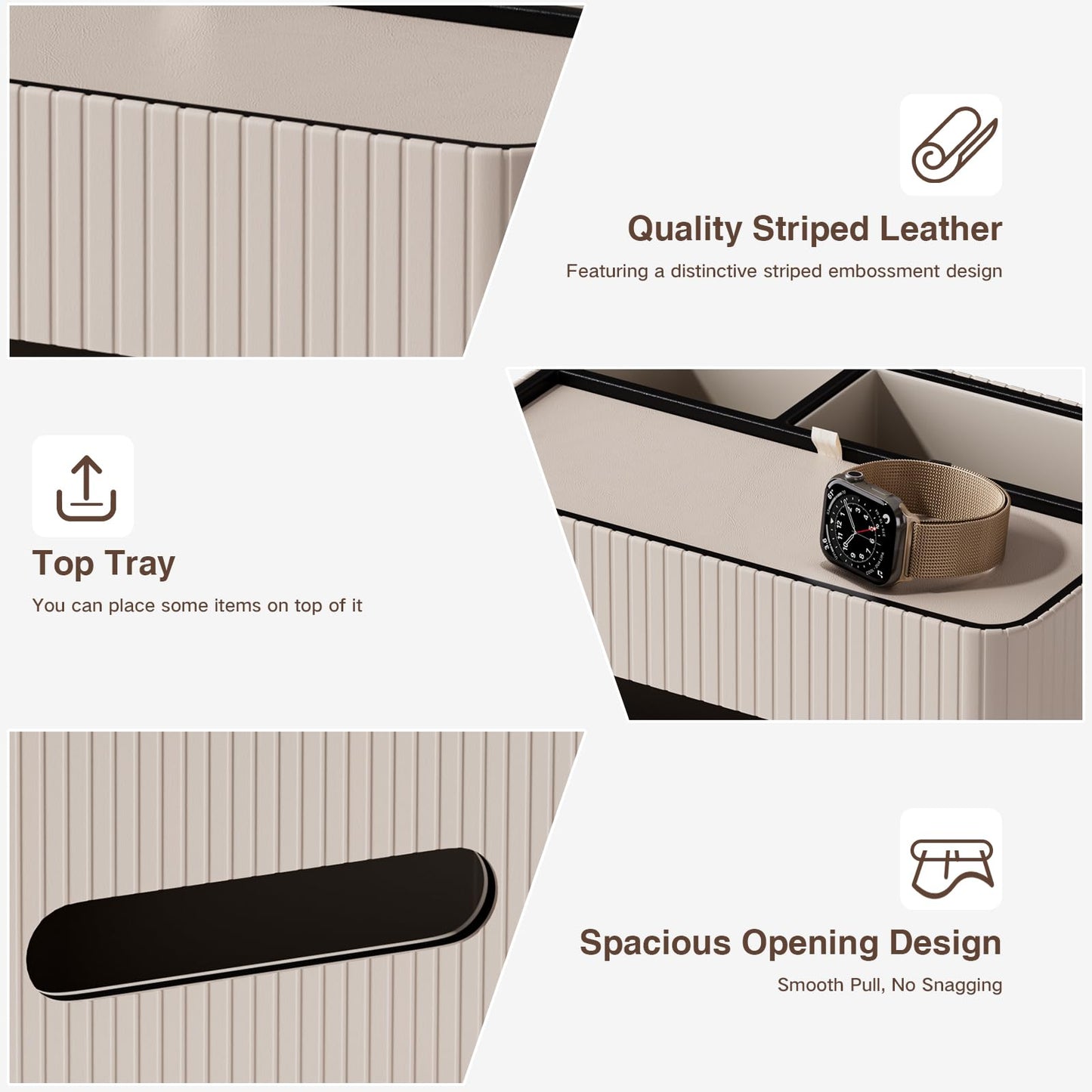 KINGFOM Leather Tissue Box Cover with Storage Tray, Decorative Tissue Box Holder Organizer for Office Desk, Bedroom & Nightstand, Remote Control Holder for Perfume, Watch, Glasses, Pens (Mocha Beige)