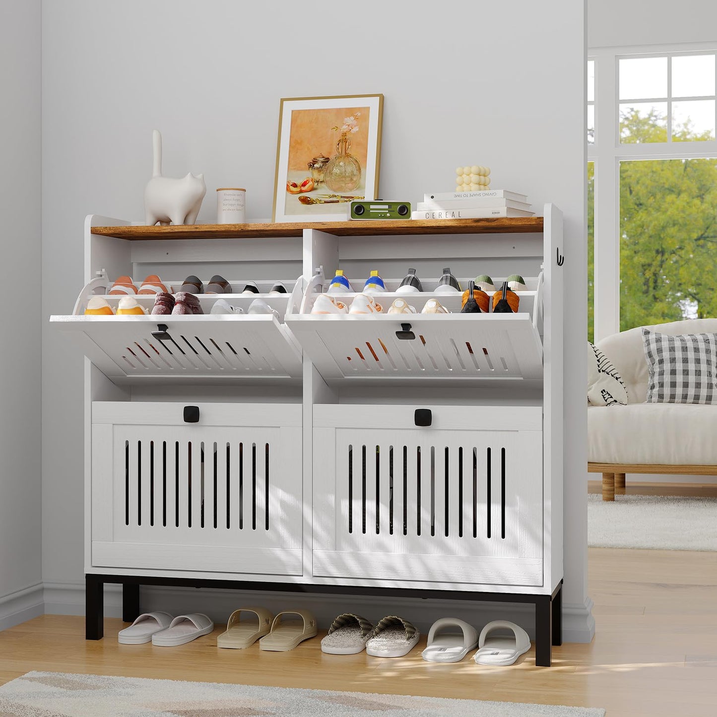 Garvee Shoe Cabinet with 4 Flip Drawers, Freestanding Shoe Organizer with Adjustable Shelves & Sturdy Legs, Narrow Wooden Shoe Rack for Entryway, Hallway, Living Room, White