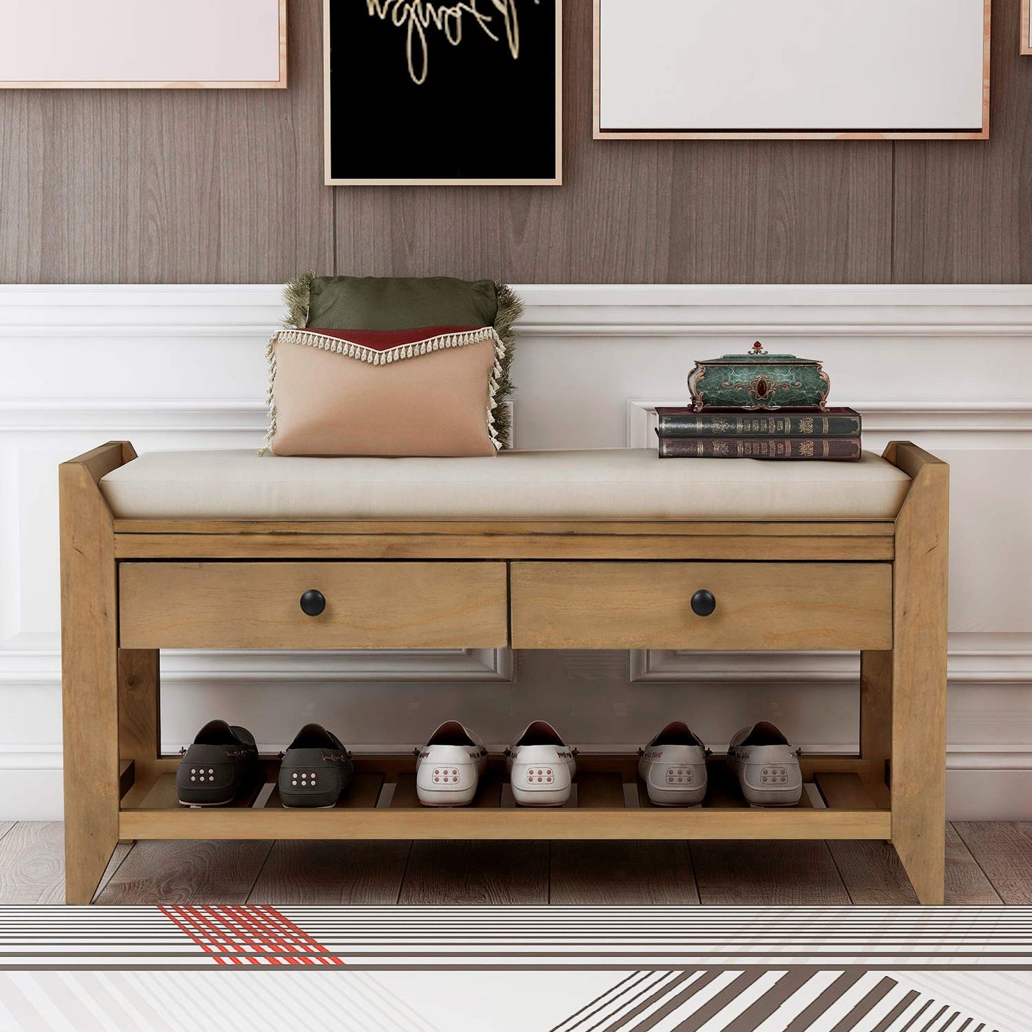 SPOFLYINN FQGXX_KITHJGUJW Gray White with Cushion Wooden Shelf Drawer Living Room Shoe Rack Bedroom Storage Seating Bench, One Size, Old Pine