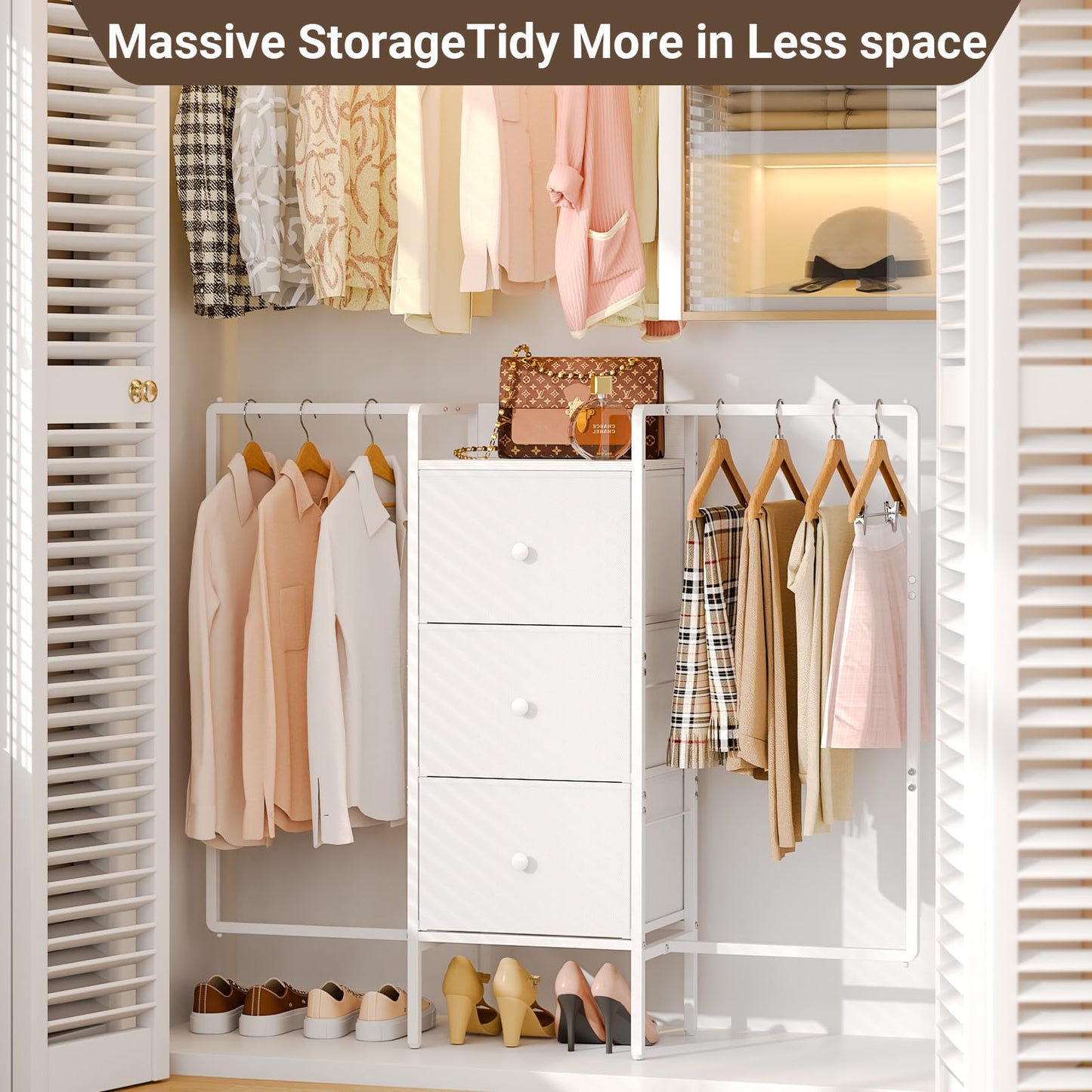 3IngSeagulls Kids Dressers for Bedroom with 2 Hanging Racks, Small Dresser for Bedroom with 3 Drawers, 53'H Faric Chest of Drawers with Clothes Rack, Small White Dresser for Kids with Wooden Top