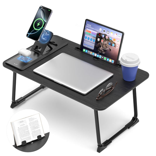 KONDOUND Foldable Laptop Desk for Bed with Wireless Charger - Large Lap Computer Tray Table with Tablet Slot and Book Shelf Read Table for Couch Chair Floor for Writing, Studying Eating, and WFH
