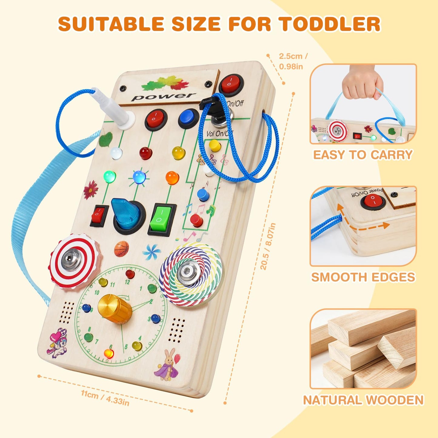 TNYI Montessori Wooden Busy Board with LED Light Up Switches & Music and Spinning Top, Toddler Sensory Educational Fidget Board, for 1+ Year Old Baby and Toddler