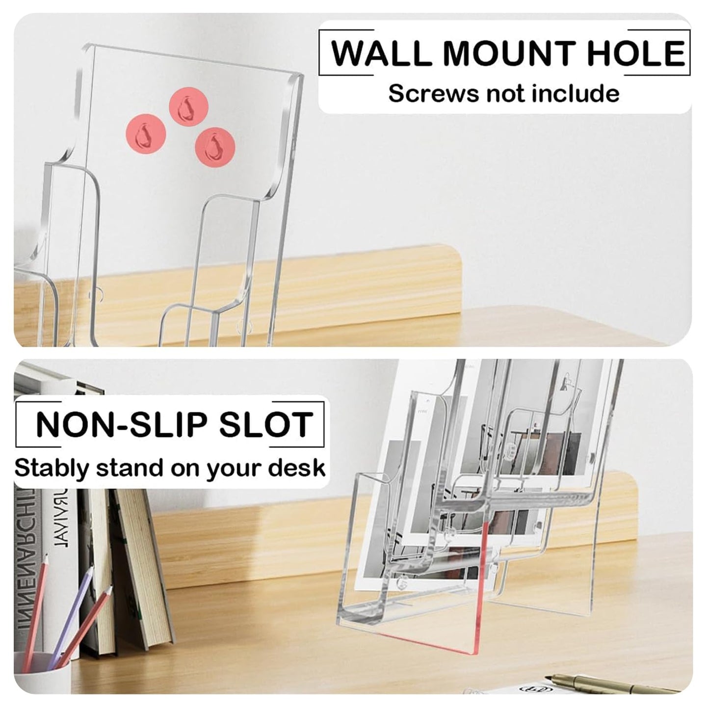 Voittozege 2 Pcs Acrylic Brochure Holder, 3 Tier 4-Inch Wide Clear Literature Holder, Clear Flyer Holder Pamphlet Display Stand Literature Booklet Holder for Wall and Counter Desktop Stand