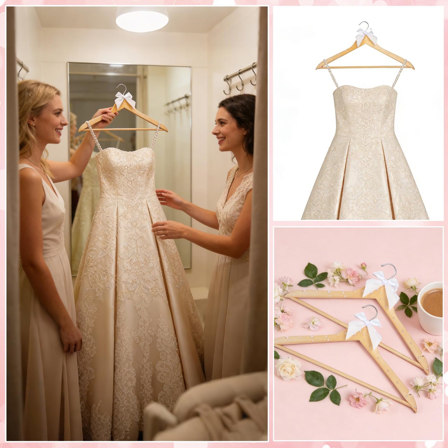 PEDOBALI 12 Pcs Bridesmaid Hangers Wooden Dress Wood Color Elegant Ribbon Pearl Hanger for Bride Groom Bridal Shower Wedding Photo Keepsake Tuxedo Party Gift