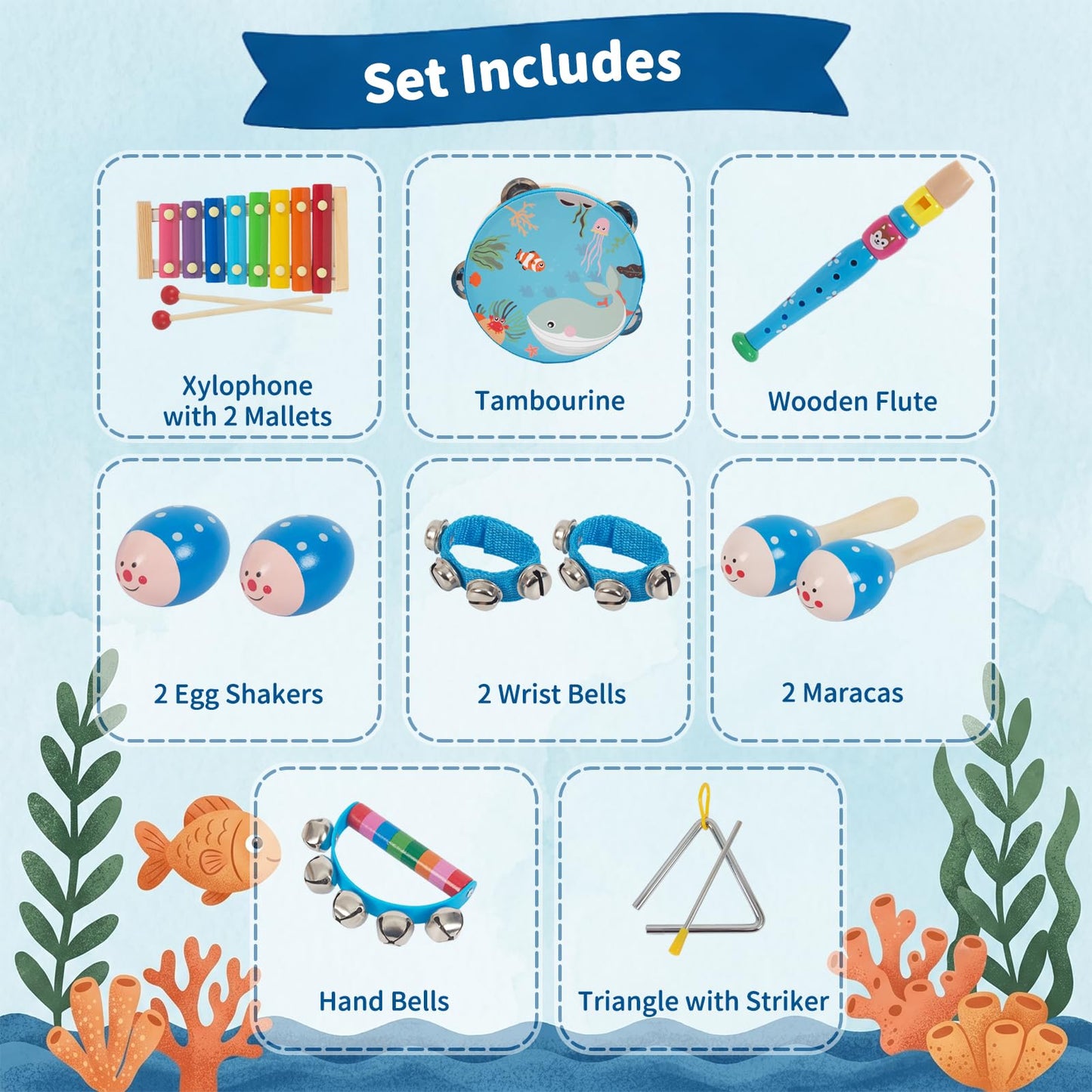 Wooden Musical Instruments Set for Toddlers 1-3, Natural Wood Percussion Instruments Xylophone Gift Set for Girls Boys Kids ,Preschool Educational Musical Toys with Storage Bag