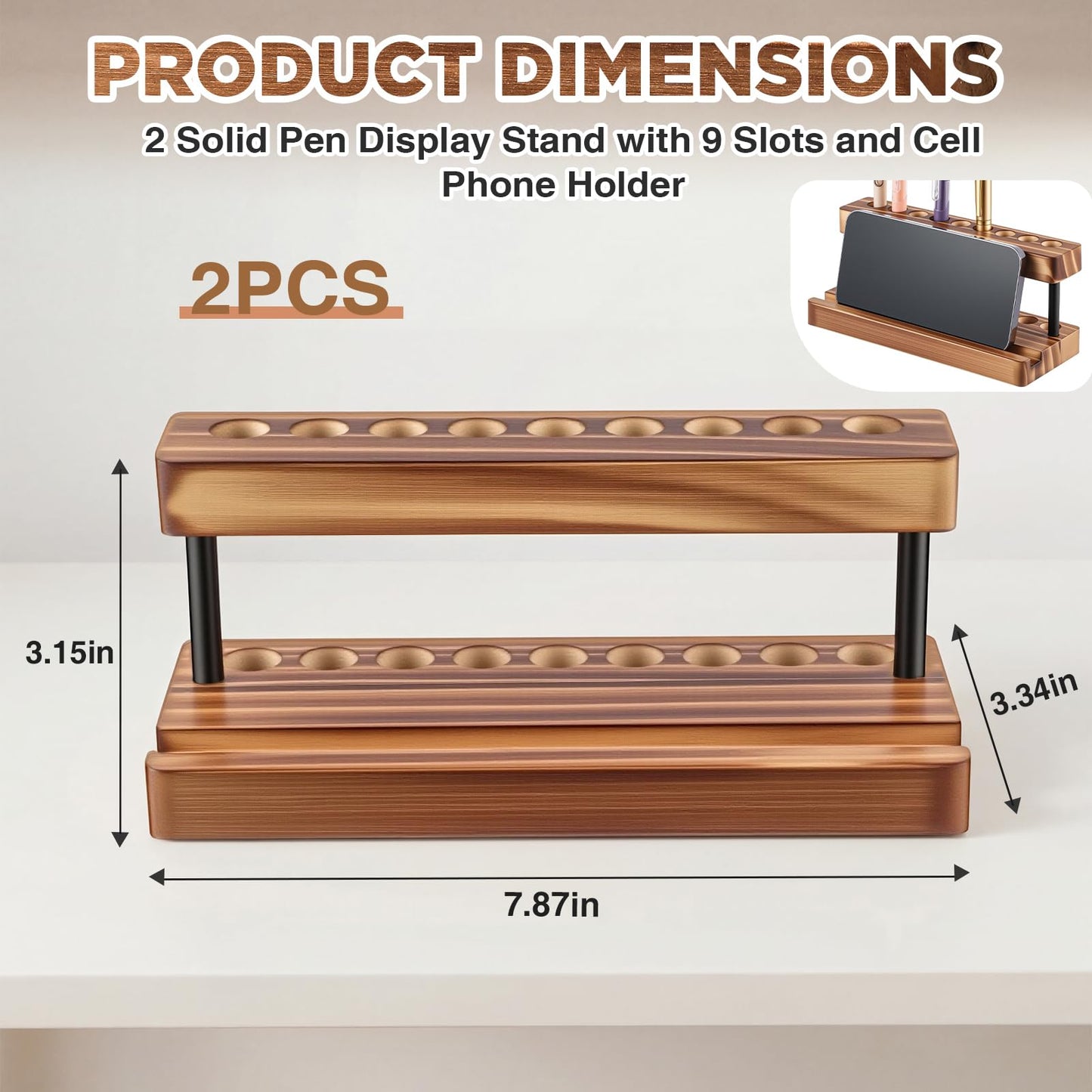 Tenceur 2 Pack Wooden Pen Holder for Desk Pencil Desk Organizer with Phone Stand and 9 Slot Dual Burned Charcoal Finish Display Stand for Fountain Pens Office and Home Stylish Office Table Decor
