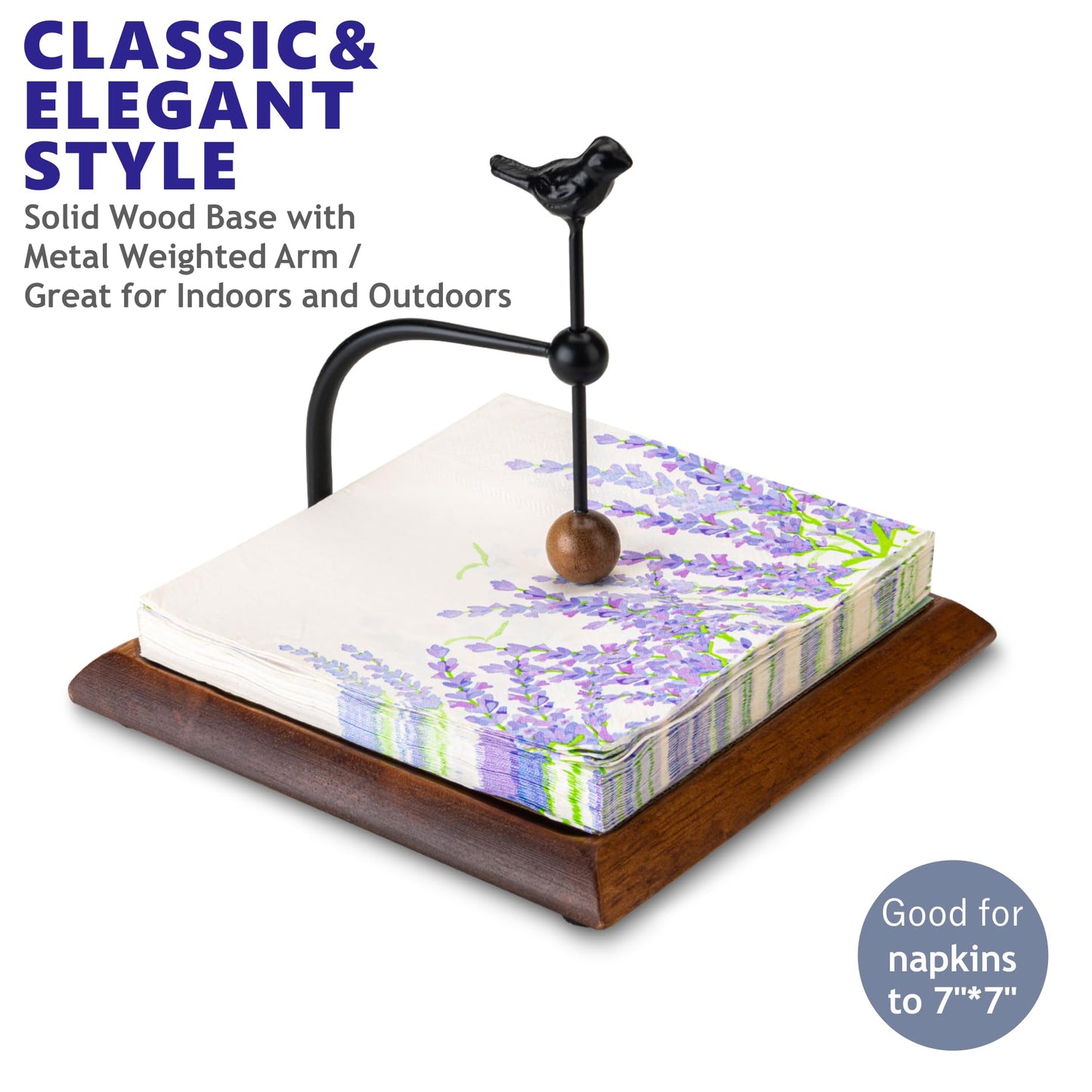 Wooden Napkin Holder with Bird-Shaped Handle – Elegant Flat Napkin Holder with Weighted Arm for Paper Napkins, Cocktail Napkins – Perfect for Kitchen, Dining Table, Café, and Bar – Ideal Holiday Gift