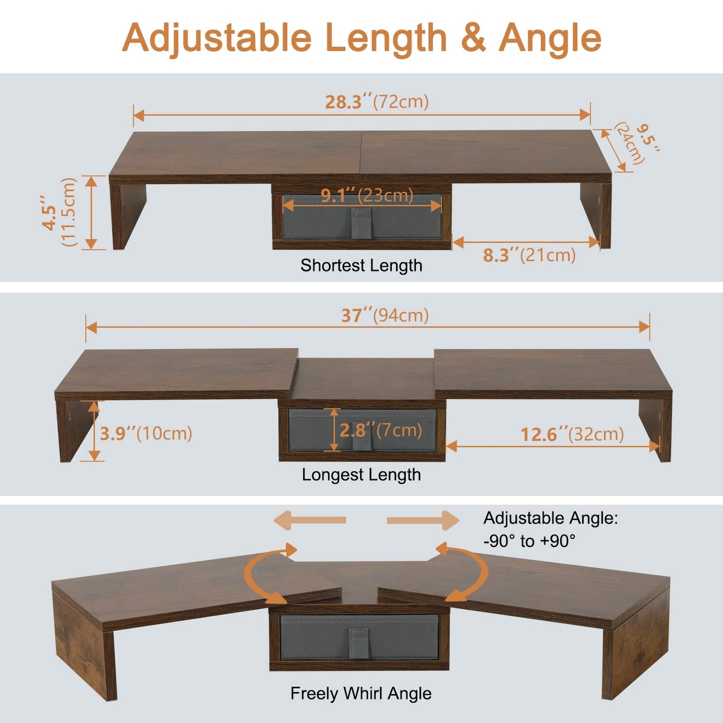 TEAMIX 3 Shelf Monitor Stand Riser With Drawer - Length and Angle Adjustable Dual Riser With Storage Corner Desk Shelf Organizer Large Computer Stand for 2 Monitors/Laptop (Brown, 1 Drawer)