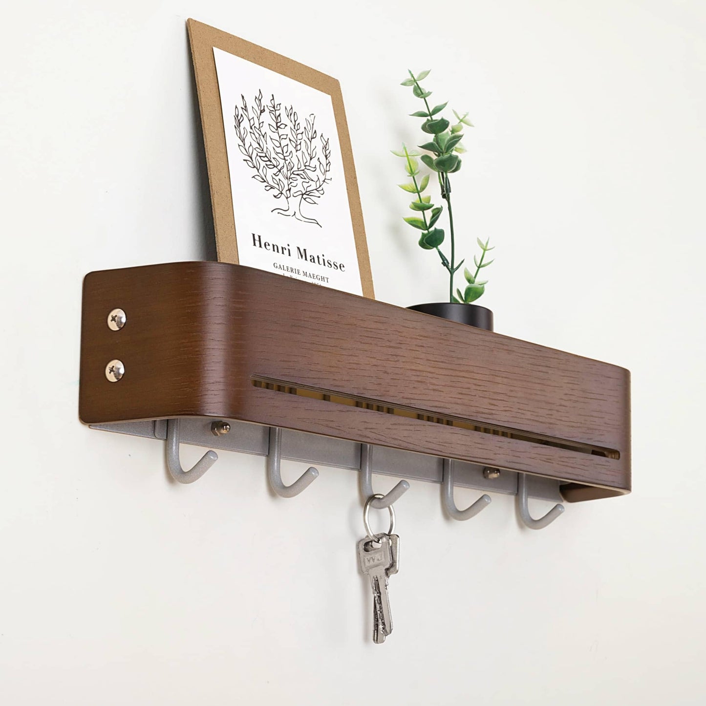 GEMAPOCO® Key Holder Wall Mount with 5 Retractable Hooks,17-Inch Finland-Designed Key Hanger with Shelf, Modern Coat Rack Wall Mount,Minimalist Space-Saving Entryway & Hallway Furniture - Walnut Brown
