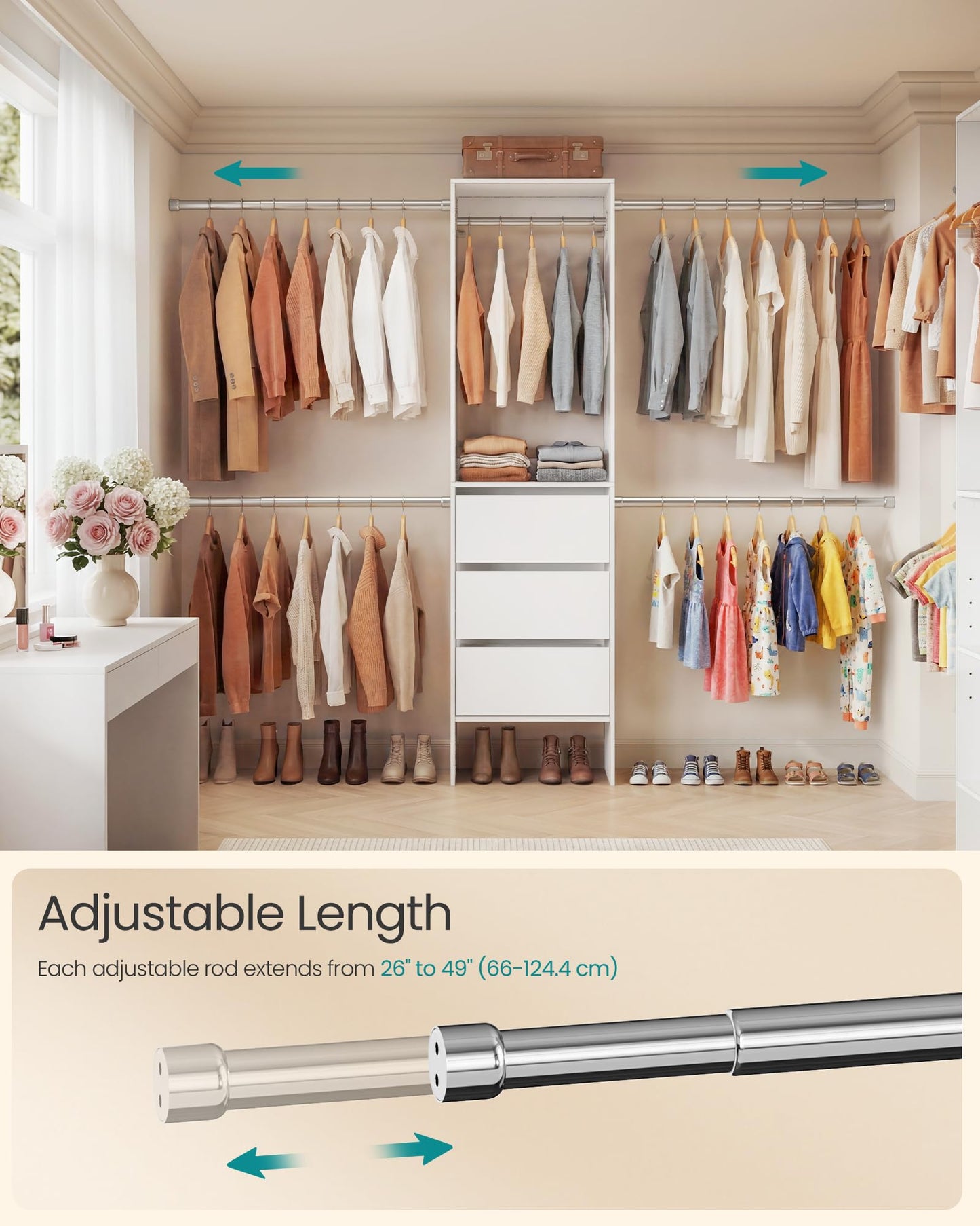 SONGMICS Closet System, Customizable Walk-In Closet Organizer System with Adjustable Hanging Rods and Drawers, White, Fits Spaces 4-9.6 ft Wide URGR042WZ01S