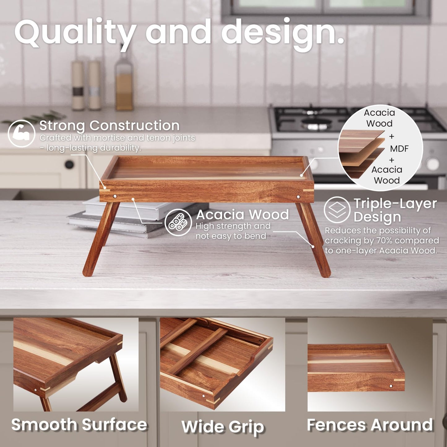 Fibogollo 2 Pack Acacia Wood Bed Tray Table with Folding Legs,Breakfast Trays,Serving Tray for Food and Snack,Laptop Trays for Working(Natural)