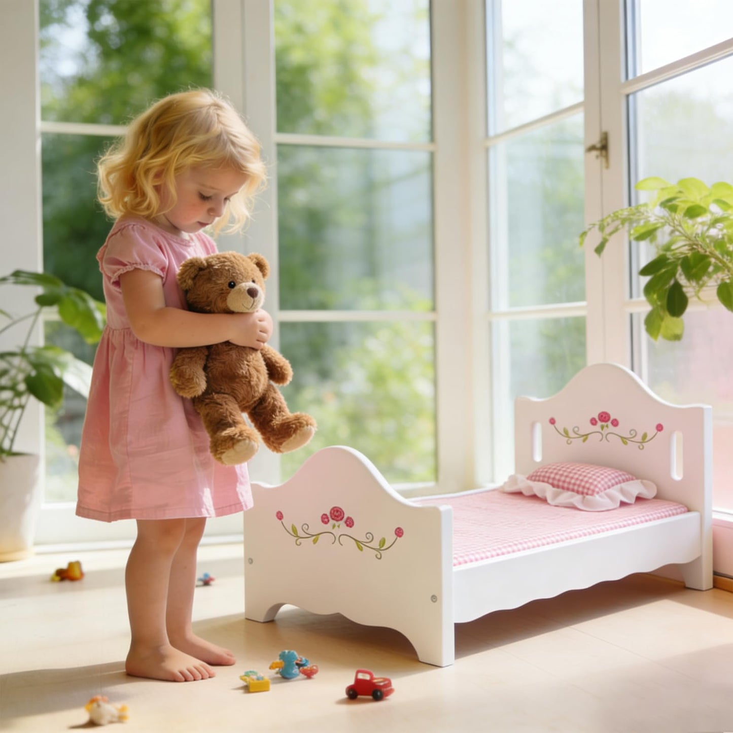 PHOKID Wooden Baby Doll Crib Set, Baby Doll Bed Toys for 18 Inch Dolls, with Bedding and Canopy, Baby Doll Furniture Accessories