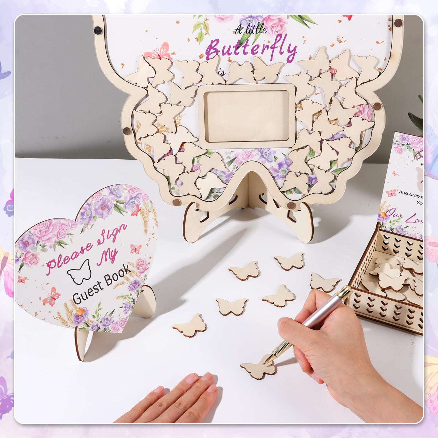 66pcs Butterfly Baby Shower Guest Book Alternative Wooden Guest Sign in Butterfly with Sonogram Photo Frame Butterfly Floral Guestbook Pregancy Keepsake Gender Reveal 1st Birthday Party Decorations