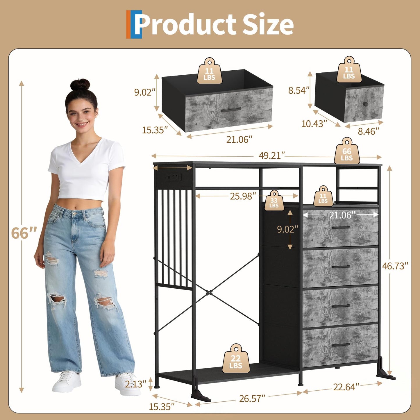 IDEALHOUSE 6 Drawers Dresser for Bedroom with Hanging Rack, LED Lights & Charging Station, Fabric Dressers & Chest of Drawers with Rack, Wooden Top, Grid Panel