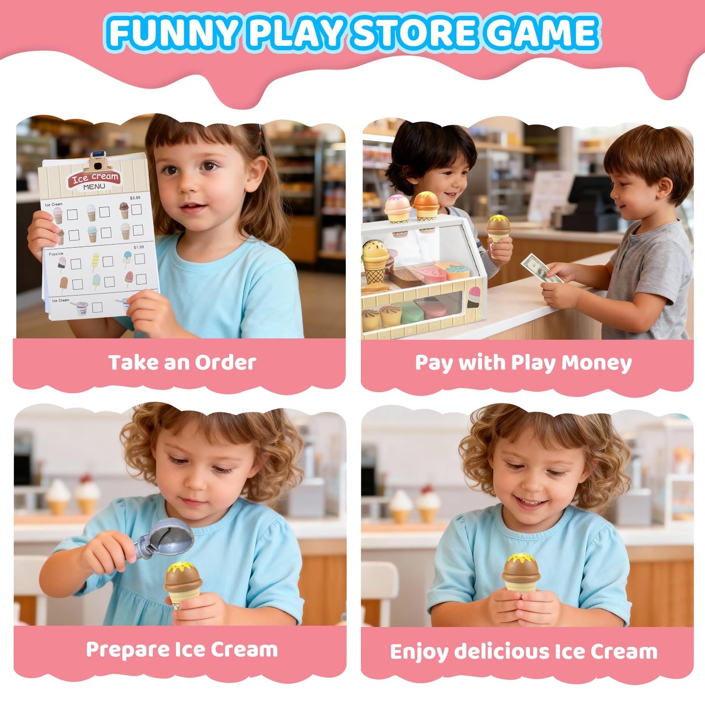 Wooden Ice Cream Toys – 32 pcs Pretend Ice Cream Play Set with Scooper, Menu, Fake Money & Storage | Wooden Play Store Counter Shop & Toy Gift for Toddlers Girls Boys Ages 3 4 5 6 7 8