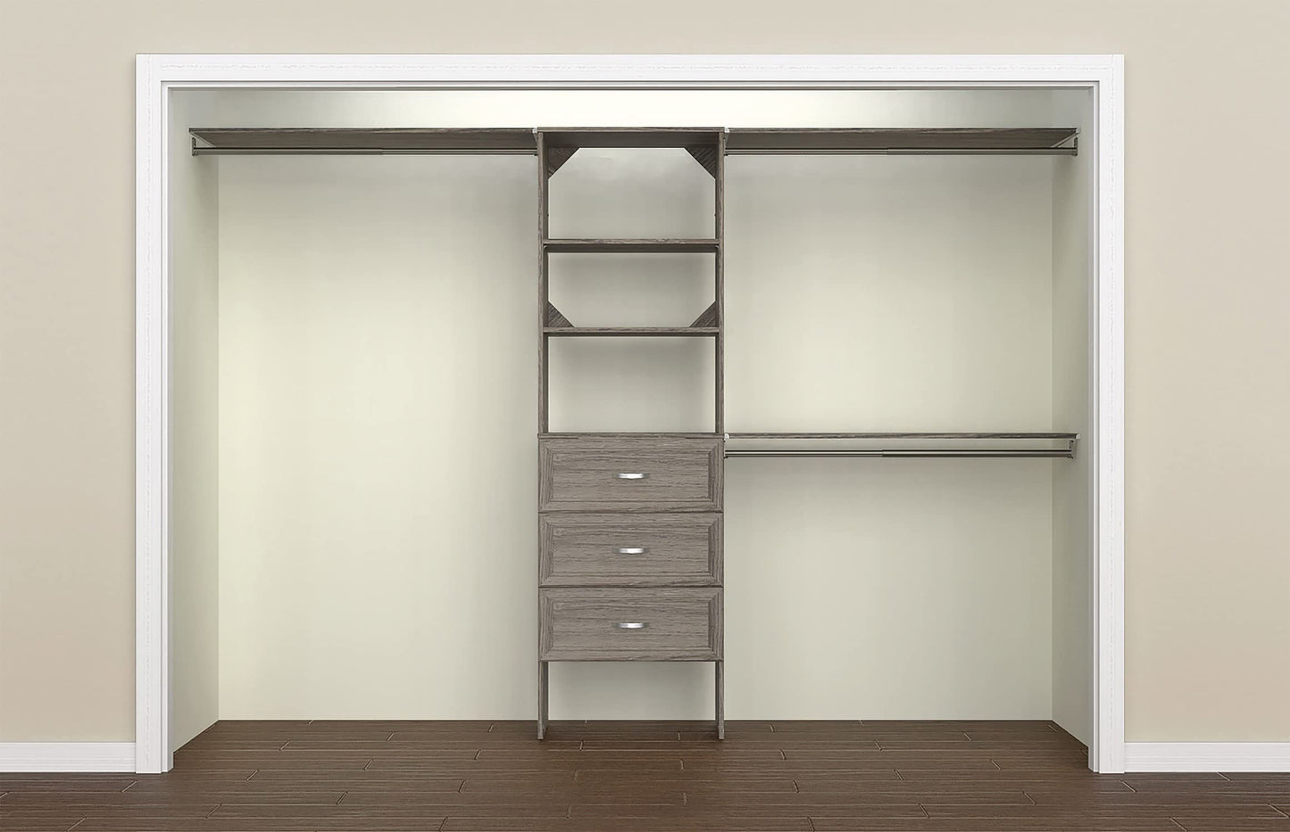 ClosetMaid SuiteSymphony Wood Closet Organizer Kit with Tower, 3 Hang Rods, Top Shelves, 3 Drawers, Adjustable, Fits Spaces 6 - 10 ft. Wide, Graphite Grey