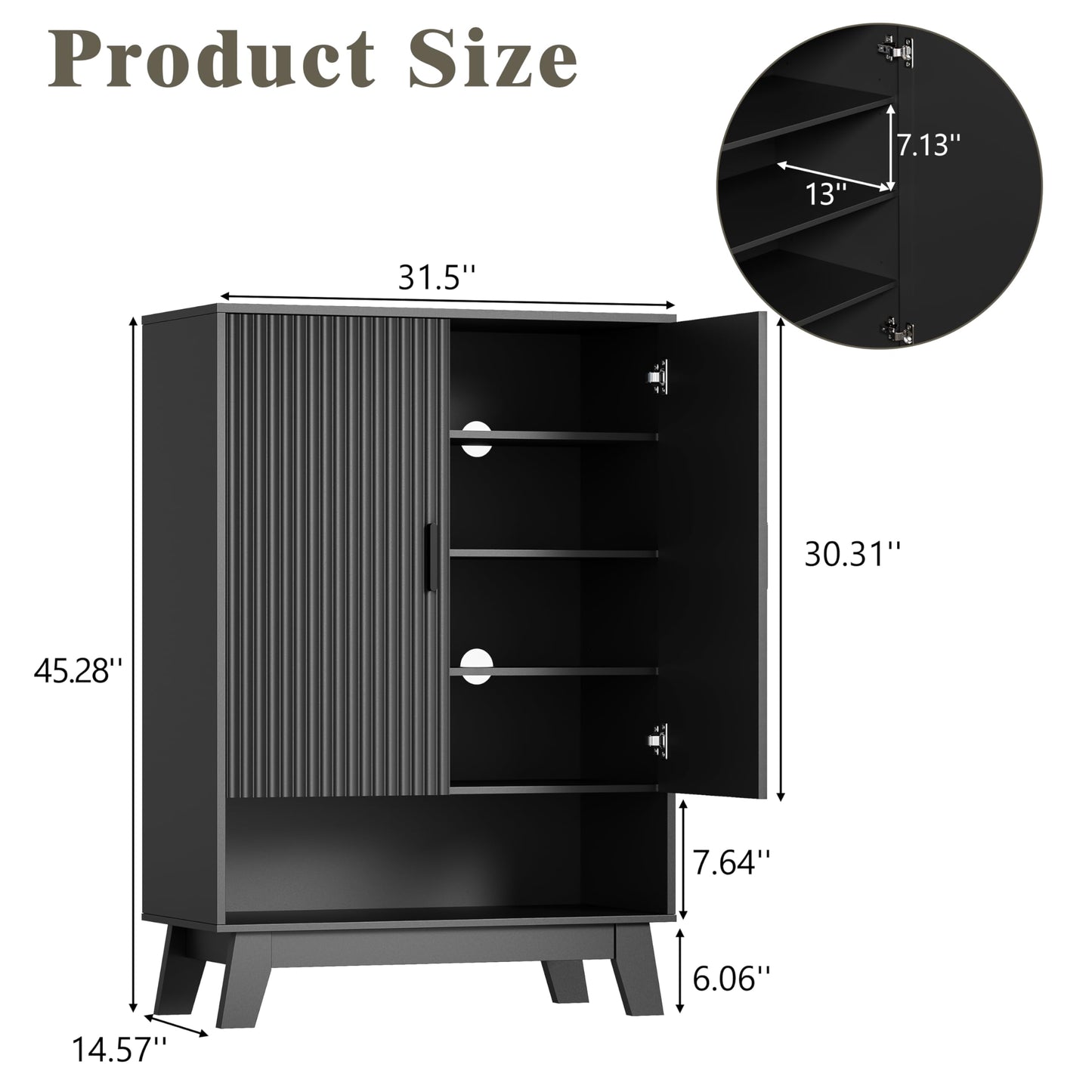 Shoe Cabinet Storage for Entryway, 5 Tier Fluted Shoe Storage Cabinet with Wooden Legs, Narrow Hidden Shoe Organizer with Adjustable Shelves, Freestanding Shoe Rack for Entryway, Hallway, Black