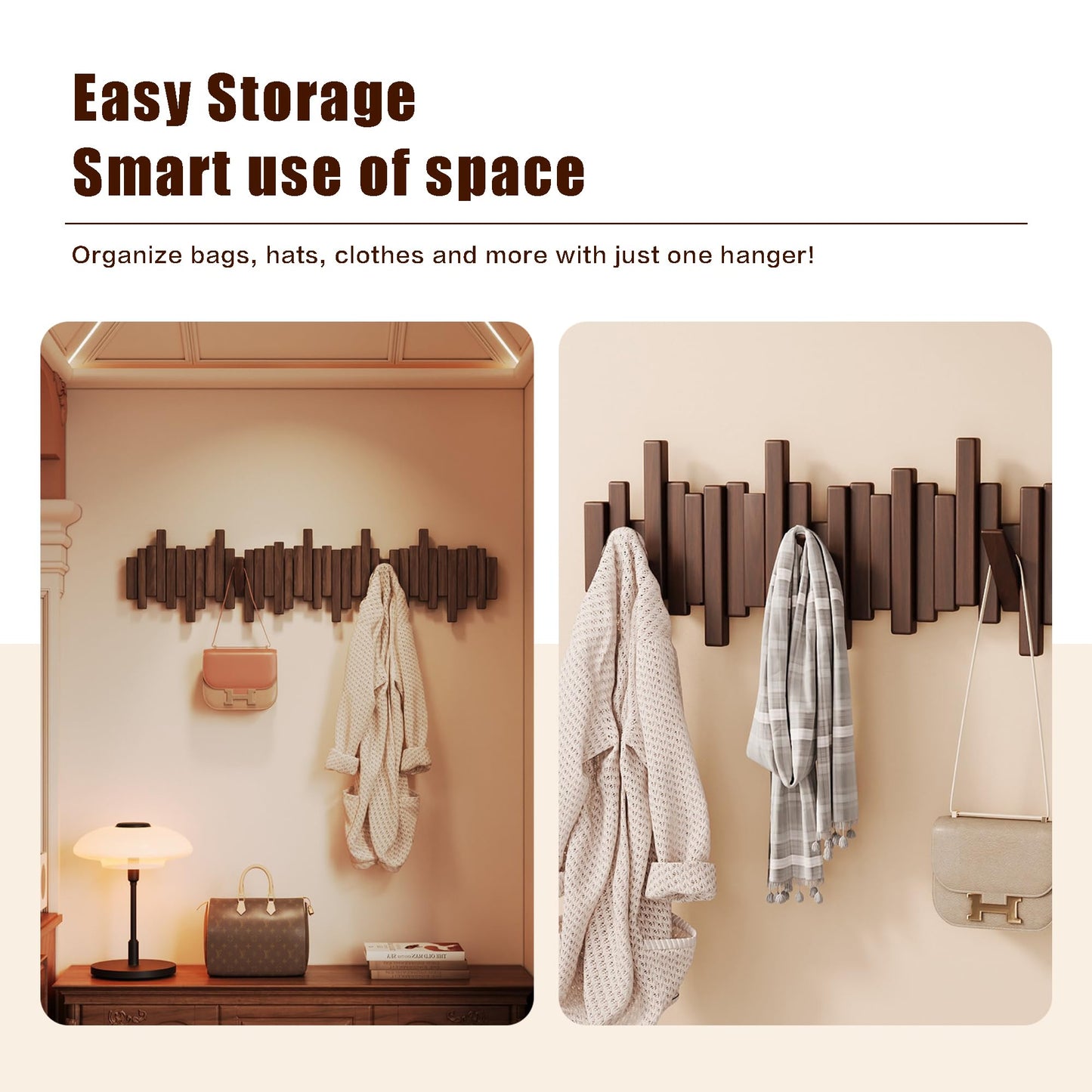 Acsigesn Wooden Coat Rack Wall Mounted Sticks Multi Rack Solid Handmade Natural Walnut Wood Artwork with 7 Flip-Down Unique Modern Hooks for Coats Bag Hat Umbrella