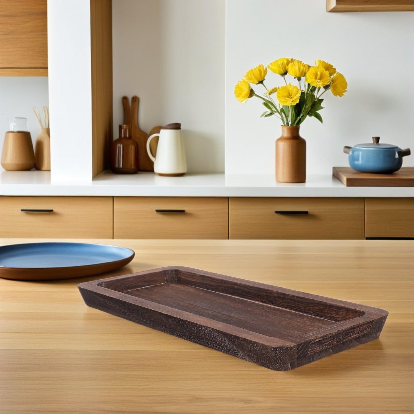 DEARMAMY Rustic Farmhouse Decorative Tray 15.74X6.88In Narrow Wooden Serving Platter for Kitchen Counter Centerpiece Candle Holder