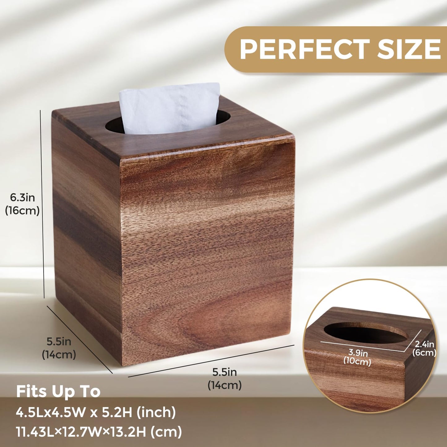 KALEKAIL Acacia Wood Tissue Box Cover，Tissue Box Cover Square, Decorative Cube Facial Wooden Tissue Box Holder with Slide-Out Bottom for Bathroom, Bedroom, Dinner Table, Office, Kitchen