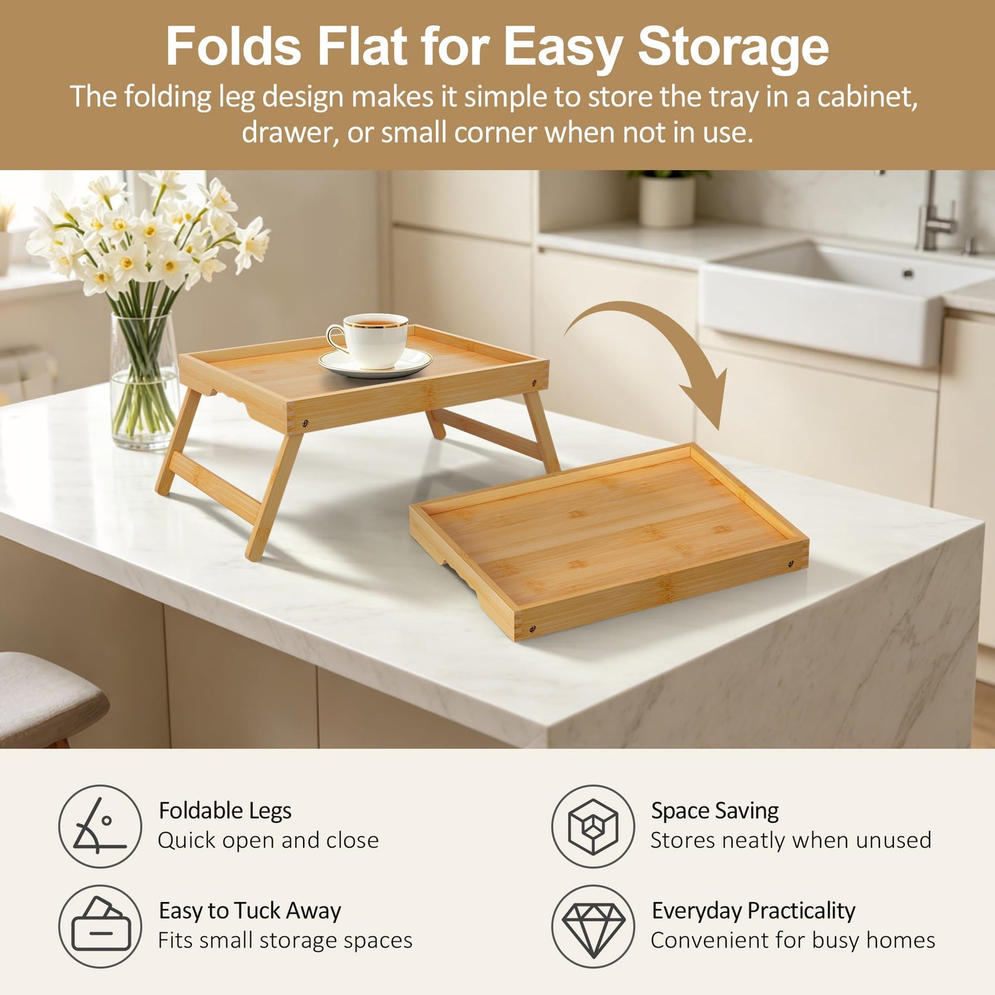 Breakfast Tray with Folding Legs Set of 2, Bamboo Bed Tray Table 15.7" Foldable TV Dinner Tray with Ergonomic Wave Handles for Bed Couch Sofa, Breakfast, Snacks, Coffee, Natural
