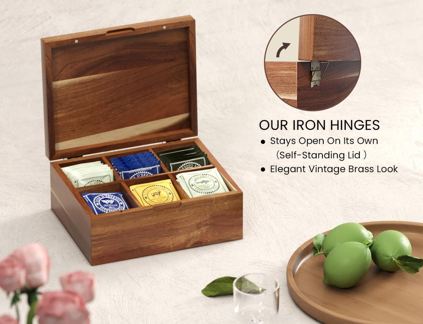 Danfoxer Acacia Wood Tea Bag Organizers, Tea and Sugar Packet Storage Chest with Lid, Wooden Teabag Holder Containers,Storage Box Teabox with 6 Compartments