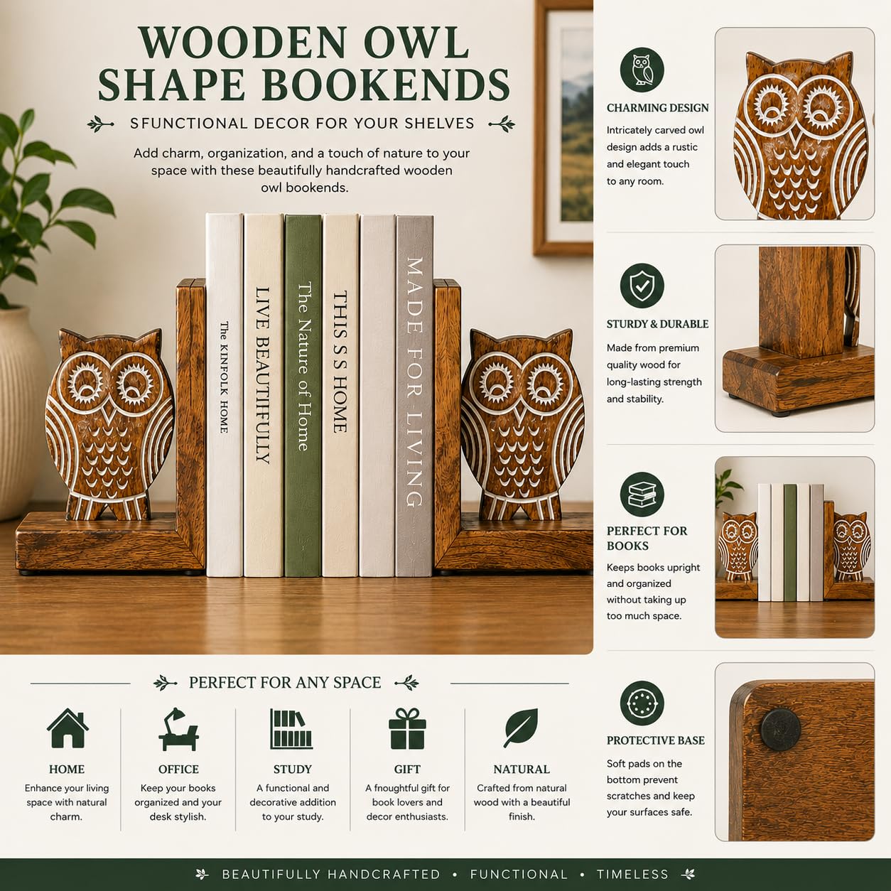 eTroves Wood Bookends for Shelves. Decorative Wooden Owl Bookend for Heavy Books, White Wood, 6 Inch