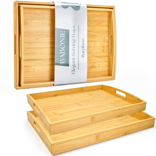 BABONIE Bamboo Serving Tray with Handles Set of 2 - Decorative Wooden Trays for Eating, Working, and Storing, Suitable for Use in Bedroom, Living Room, Kitchen, Bathroom, Outdoor Scenarios and More