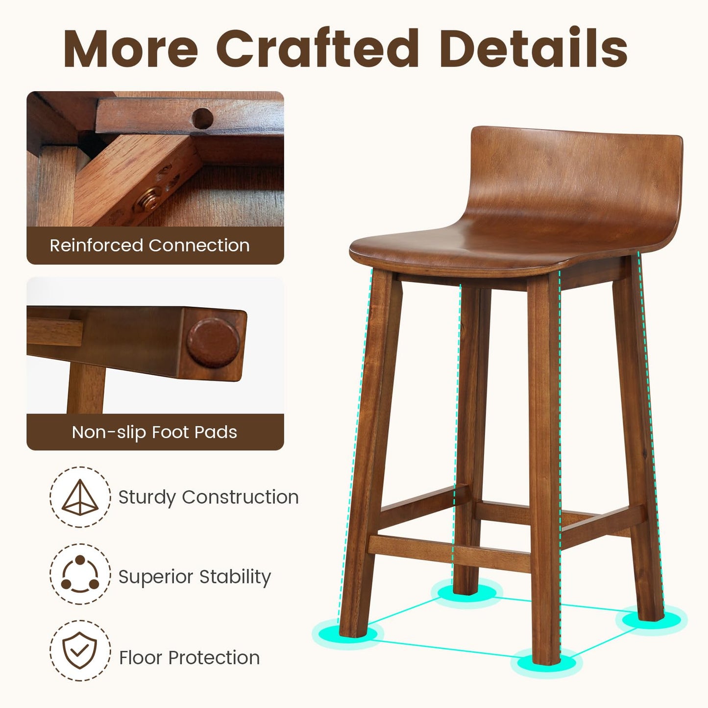 Giantex 24.5" Bar Stools Set of 2, Counter Height Bar Stools w/Low Back & Footrest, Farmhouse Wooden Bar Dining Chairs, Armless Wood Barstools for Kitchen Island, Pub, Kitchen, Cafe, Breakfast, Brown