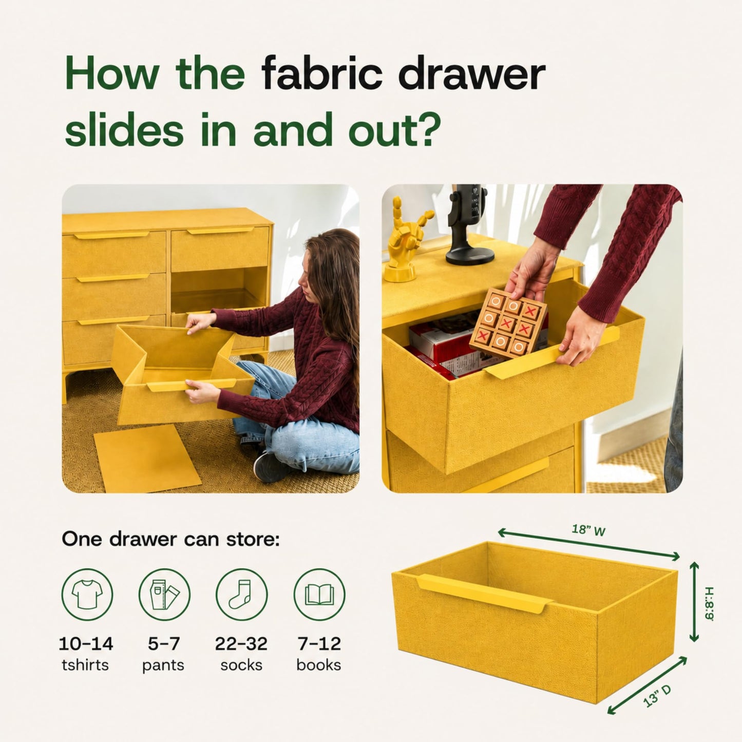 tinge Naima Premium Fabric Dresser - Strong Metal Frame, 5 Spacious Sag-Proof Drawers with Sleek Metal Handles - Premium & Durable Storage Solution for Your Home (Yellow)