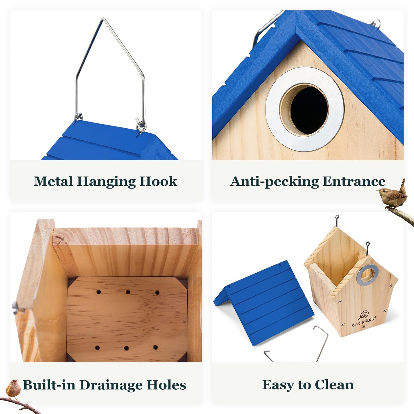 Kingsyard Wooden Wren House with Predator Guard, Bird Nesting for Outdoor, Garden Patio Nest Box Birdhouse for Wild Bird Watching, Royal Blue