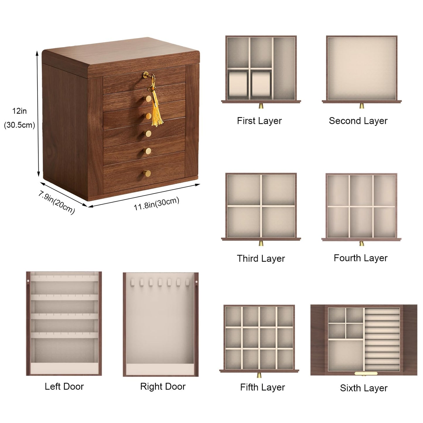 Homruilink Black Walnut Wooden Jewelry Box and High End Glass Jewelry Box Christmas Gifts For Women