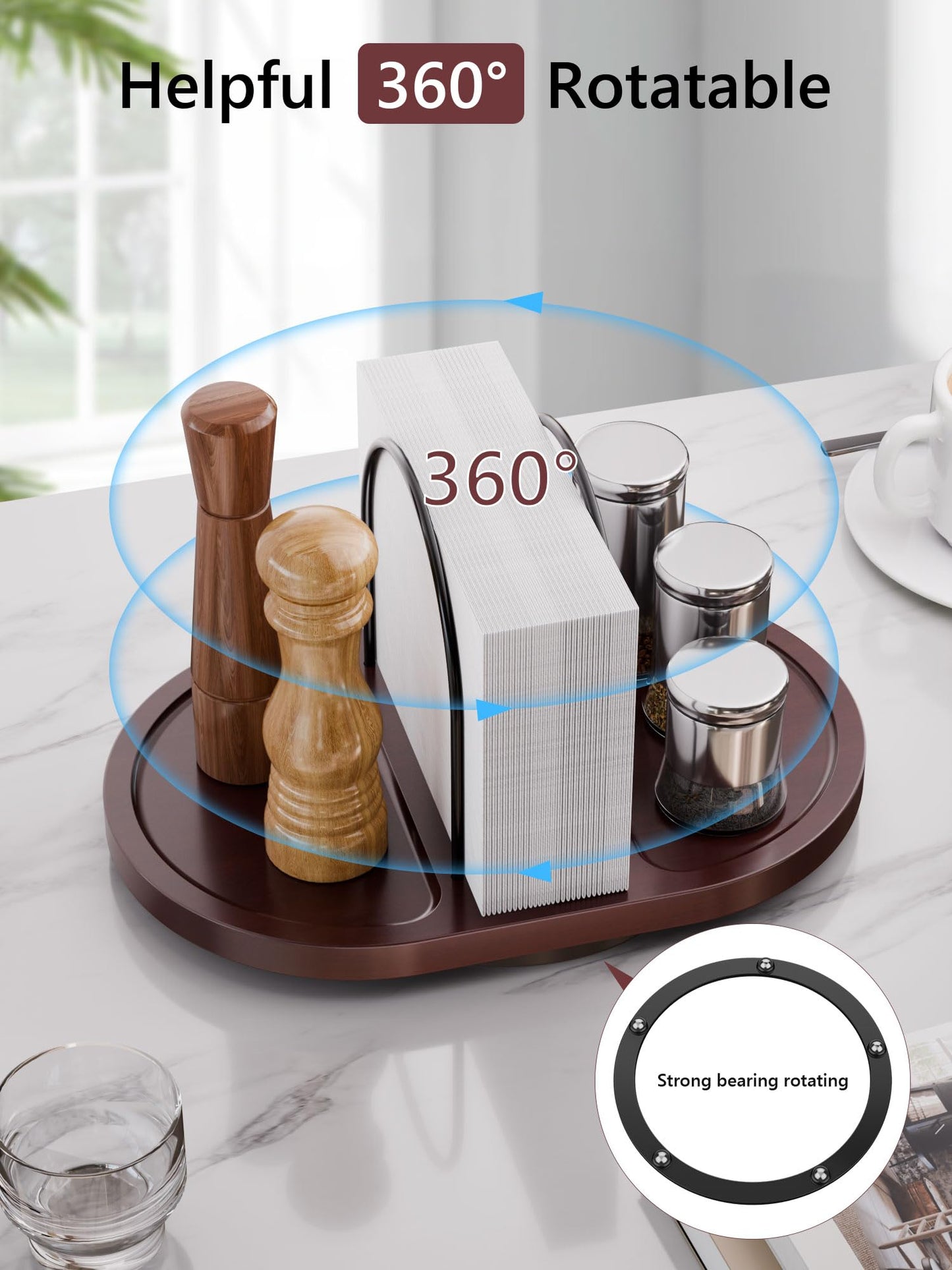 Rotating Standing Napkin Dispenser with Salt and Pepper Shakers+360° Rotation Toothbrush Holder with Marble Base