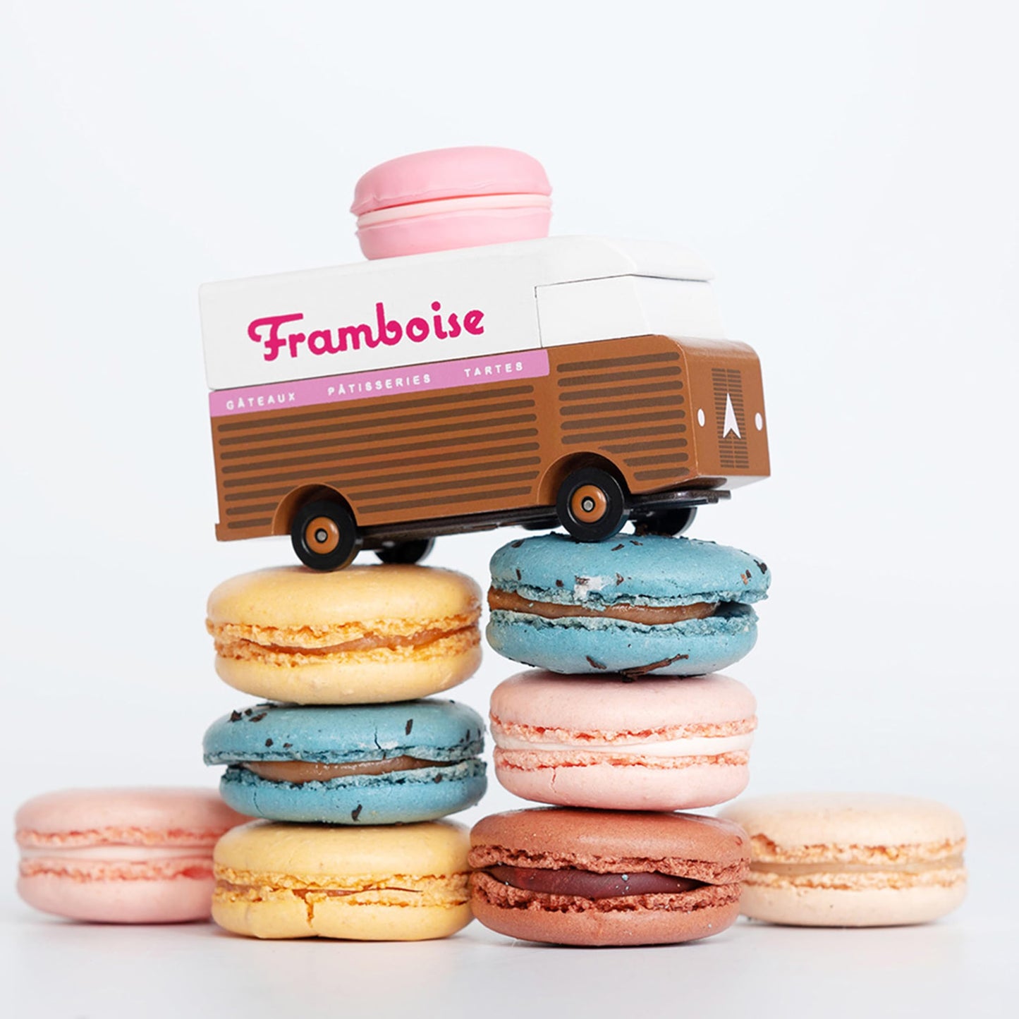 CANDYCAR® Wooden Food Truck Collection - Framboise Macaron Van, Premium Handcrafted Beech Wood Toy Car