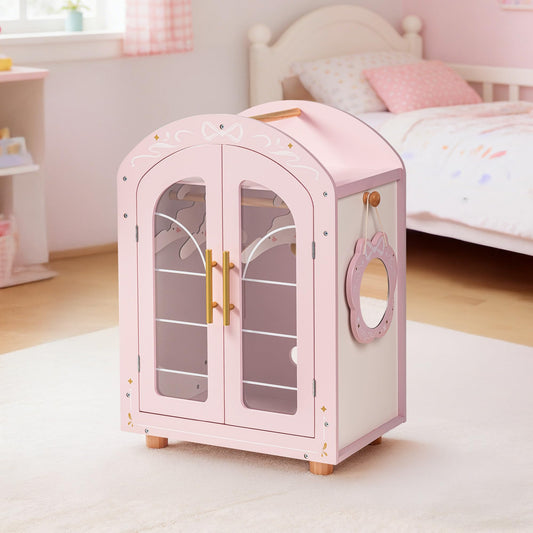 ROBOTIME 18 Inch Doll Closet, Wooden Doll Furniture Wardrobe with Mirror & Hangers, Pink Doll Clothes Storage Armoire, Doll Furniture for 18 Inch Dolls