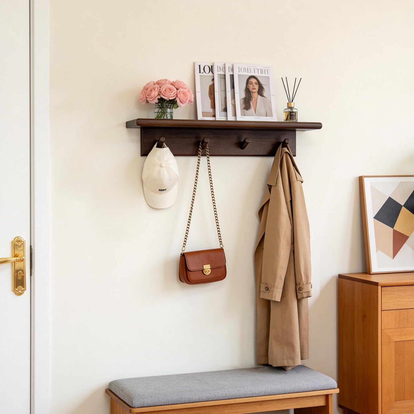 Musanpou Wall Mounted Coat Rack with Shelf, Walnut Color，hat Rack for wall
