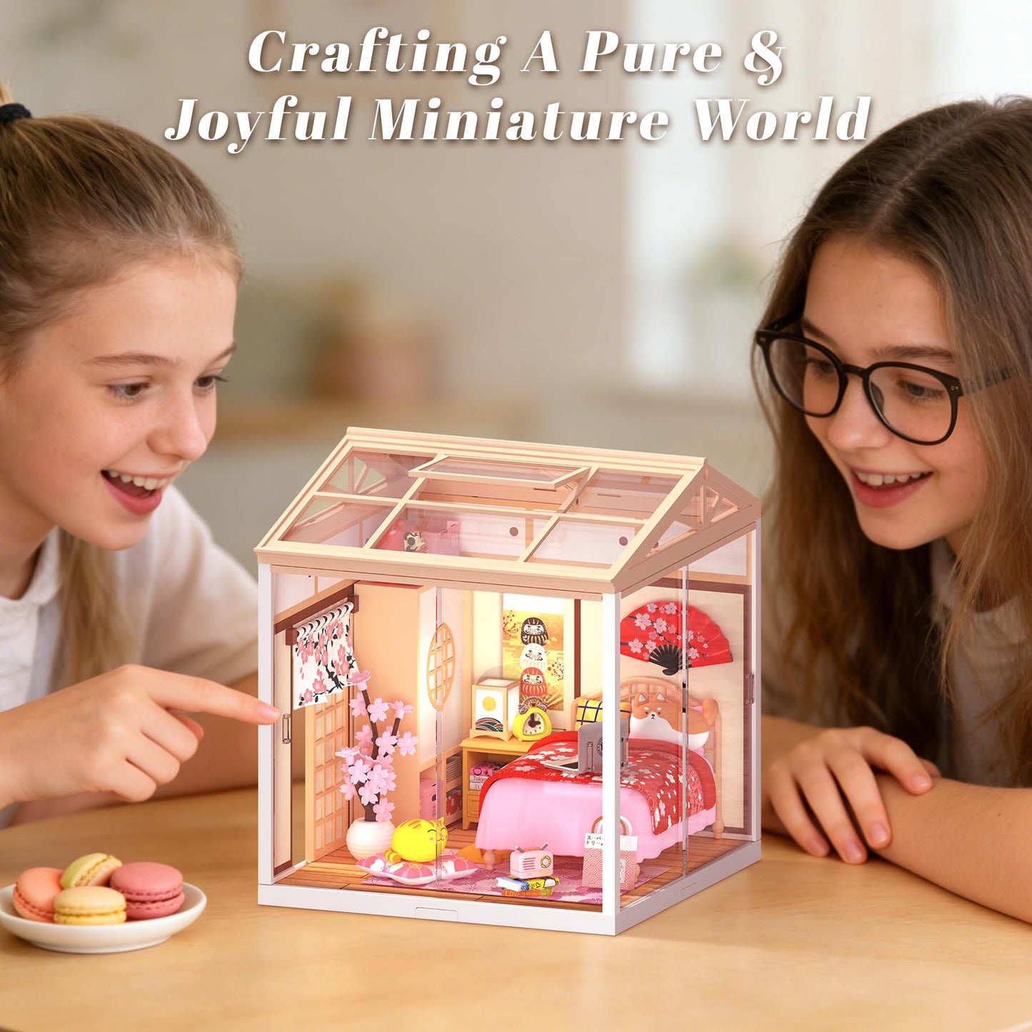 Loyratche DIY Japanese Bedroom Miniature House Kit, LED Light Mini Dollhouse Kit for Adults and Teens, with Roof & Dust Covers, Tiny House Gifts for Kids and Adults