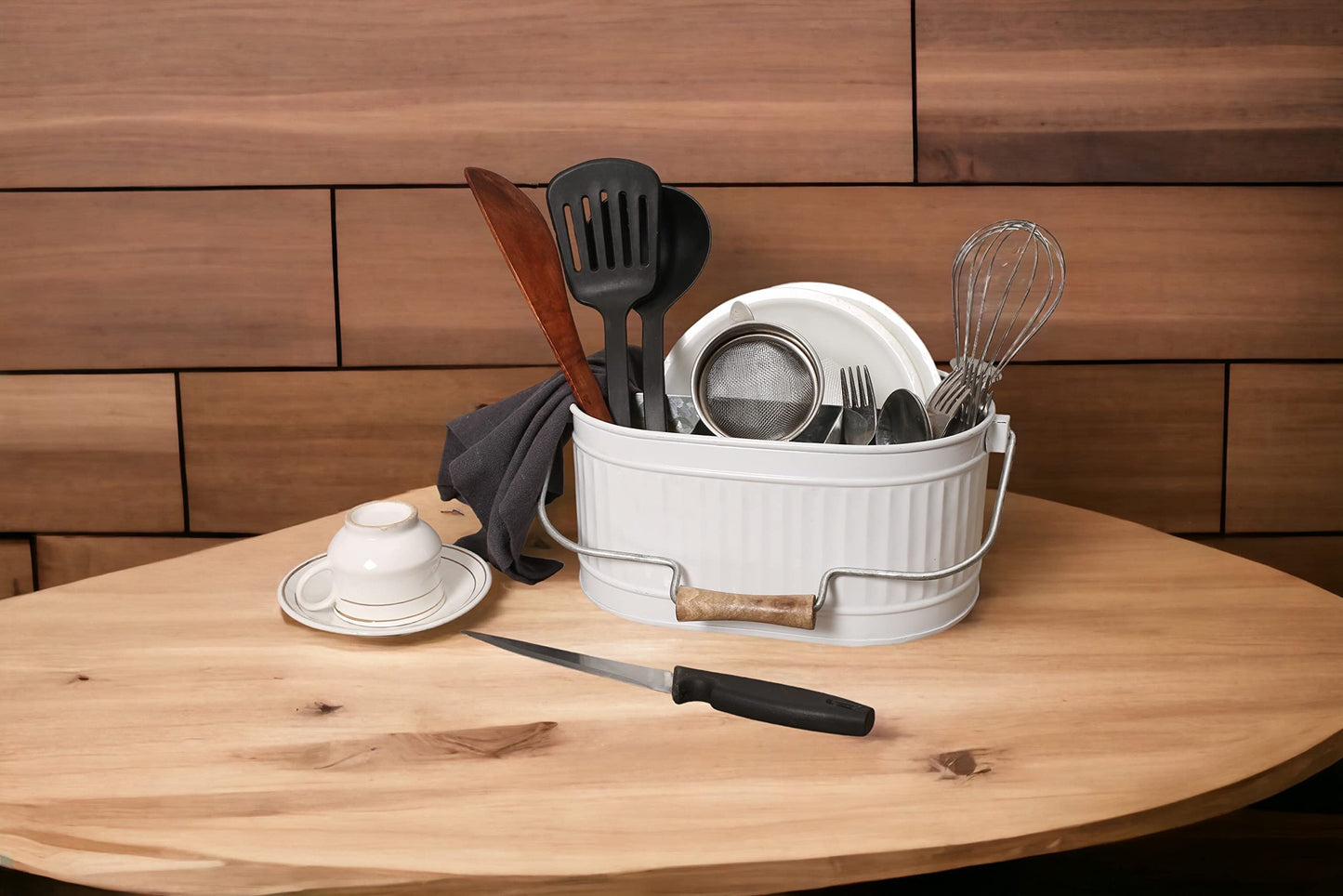 Alpha Living Home Rustic Heavy Duty Alloy Multi-Compartment Silverware Caddy - Metal Utensil Versatile All-in-One Organizer for Kitchen, Bathroom & Office Utensils, Flatware, and Accessories (White)