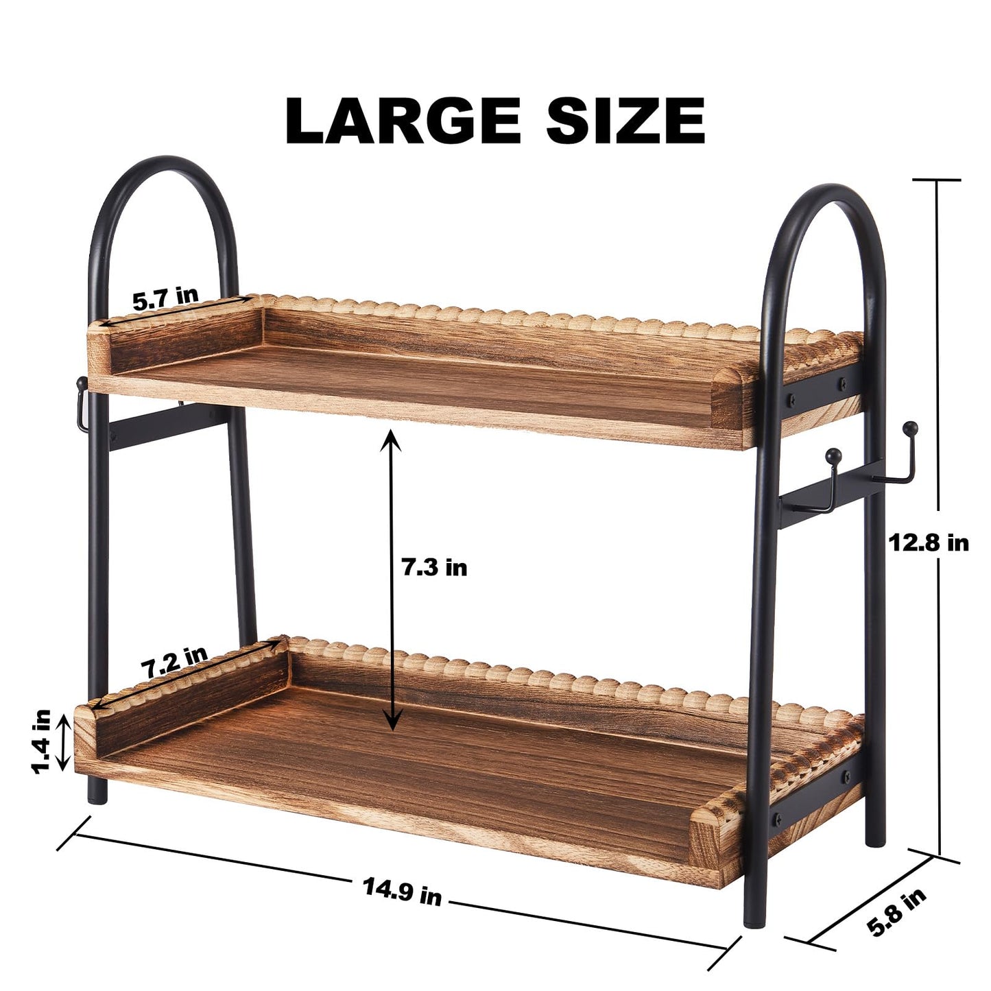 BDBDYEAY Coffee Bar Accessories, 2-Tier Coffee Bar Organizer with 4 Coffee Cup Holder Hooks, Mul-tifunctional Wooden Beaded Coffee Station Countertop Stand Shelf for Kitchen Home Office
