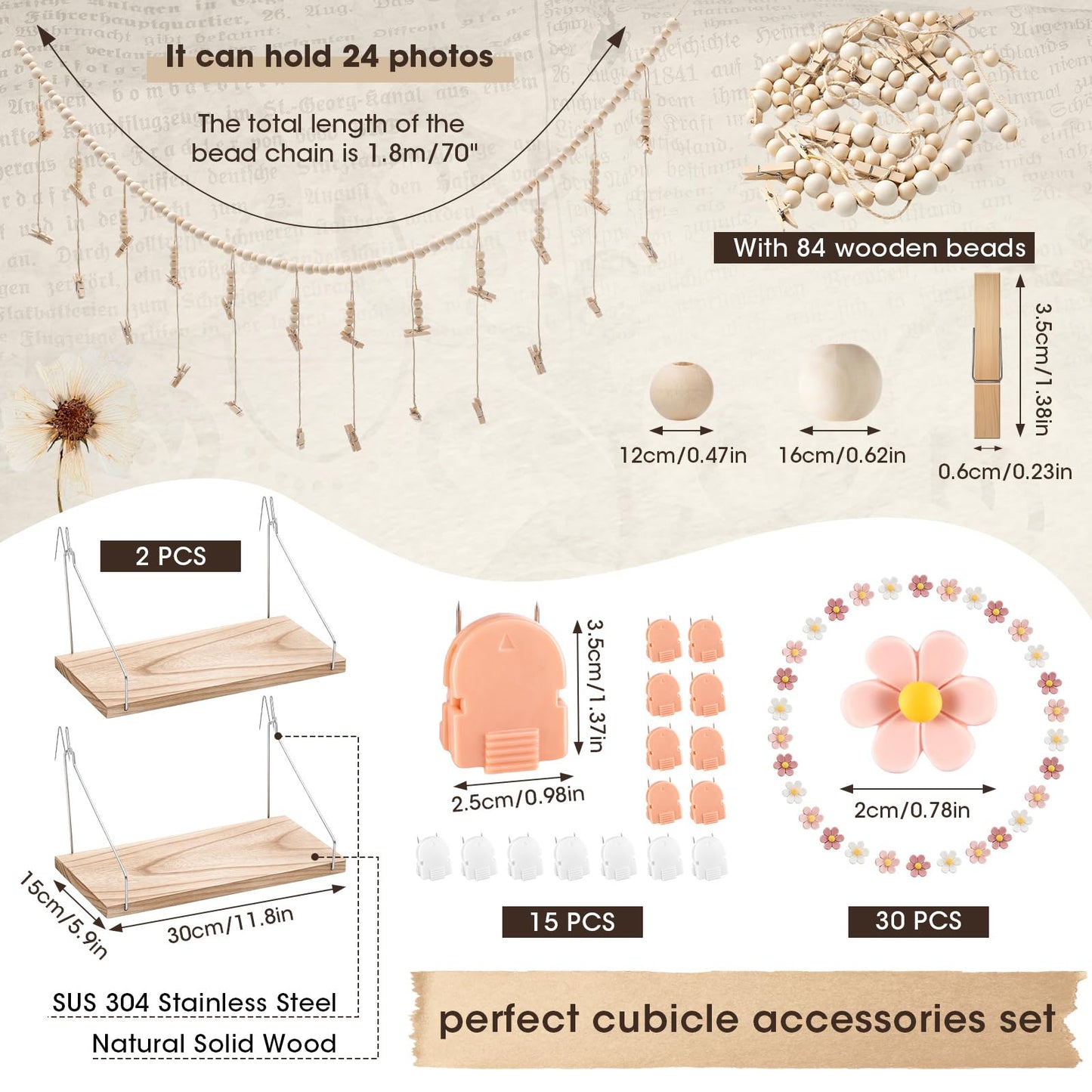Sieral 48 Pcs Office Cubicle Decor Set, Boho Hanging Photo Display with 24 Wooden Clips, 2 Fabric Wall Shelves, 30 Flower Push Pins, 15 Cubicle Clips, Aesthetic Wall Decor for Office, Dorm & Workspace