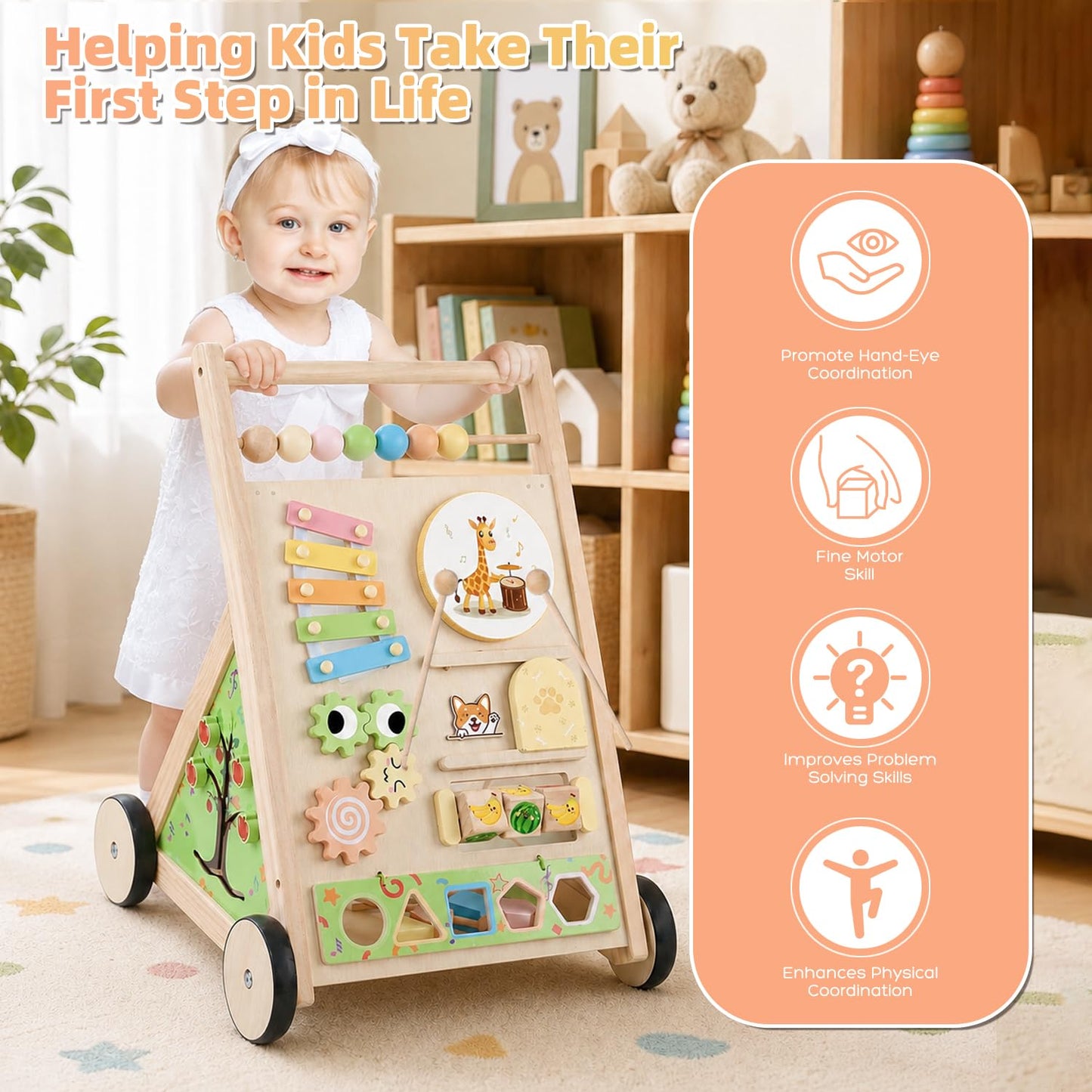 Wooden Baby Walker with Wheels Baby Push Walker for Boys Girls 6-12 Months Wooden Walker Activity Center Walking Toys for 1 Year Old Learning to Walk Sit to Stand Walker for Baby 12-18 Months Push Toy