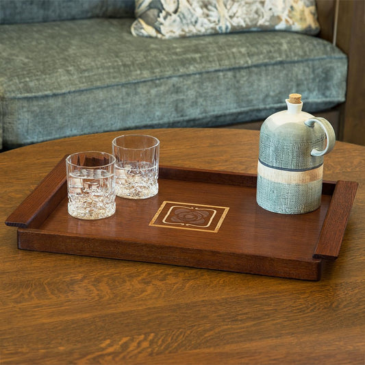Stickley Mission Rose Serving Tray, Solid Oak in Natural Finish, Decorative Inlay of Maple, Bird's-Eye Maple & Walnut, Mission Style, Gift Box, 20.75in W x 14in D