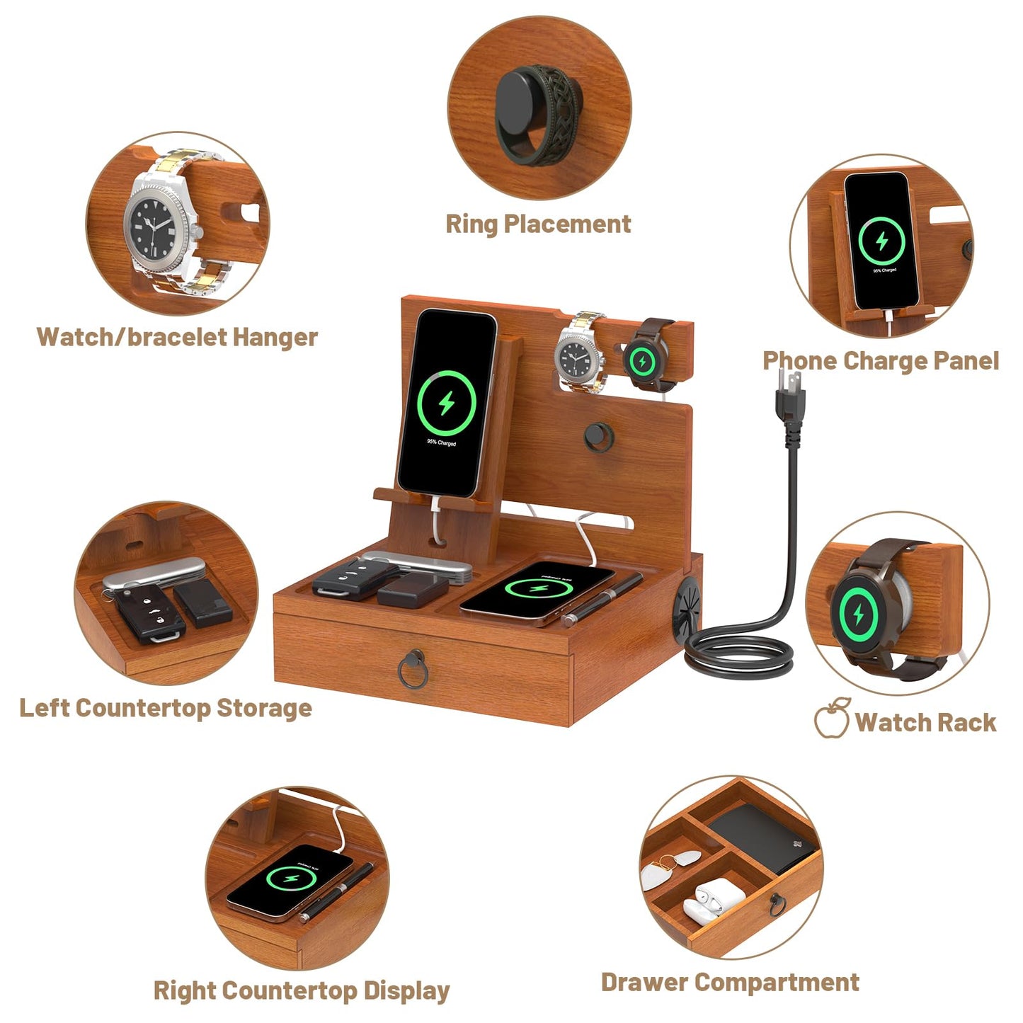 Wood Phone Docking Station with USB Ports and Outlets, Nightstand Organizer with Charging Station, Bedside Organizer with Drawer for Watch & Accessories, Christmas Anniversary Birthday Gifts for Men