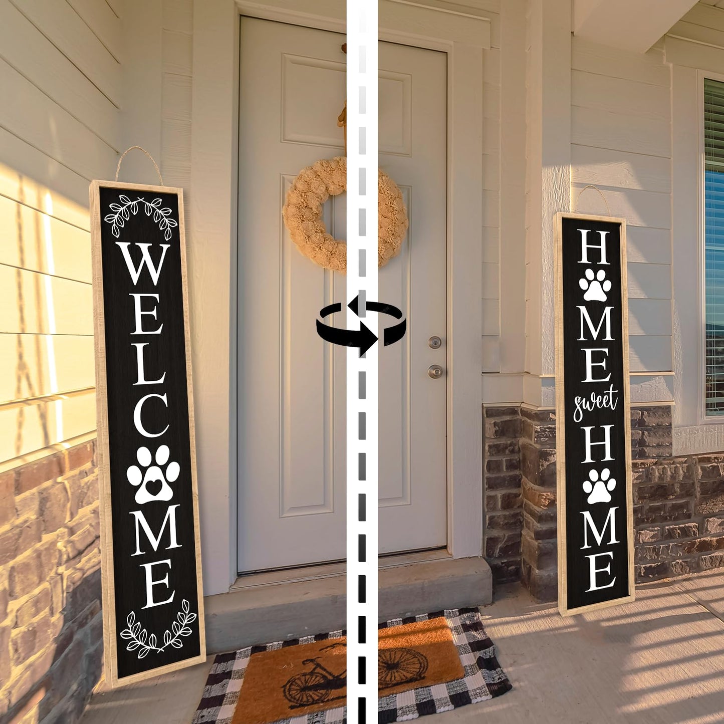 Aurapeak Outdoor Welcome Sign for Front Porch Door Decor, Home Sweet Home Sign Door Outside Standing Large 2 Sided Dog Paw Farmhouse Modern Wooden Frame Vertical Leaner (45"X9" Wood Black)