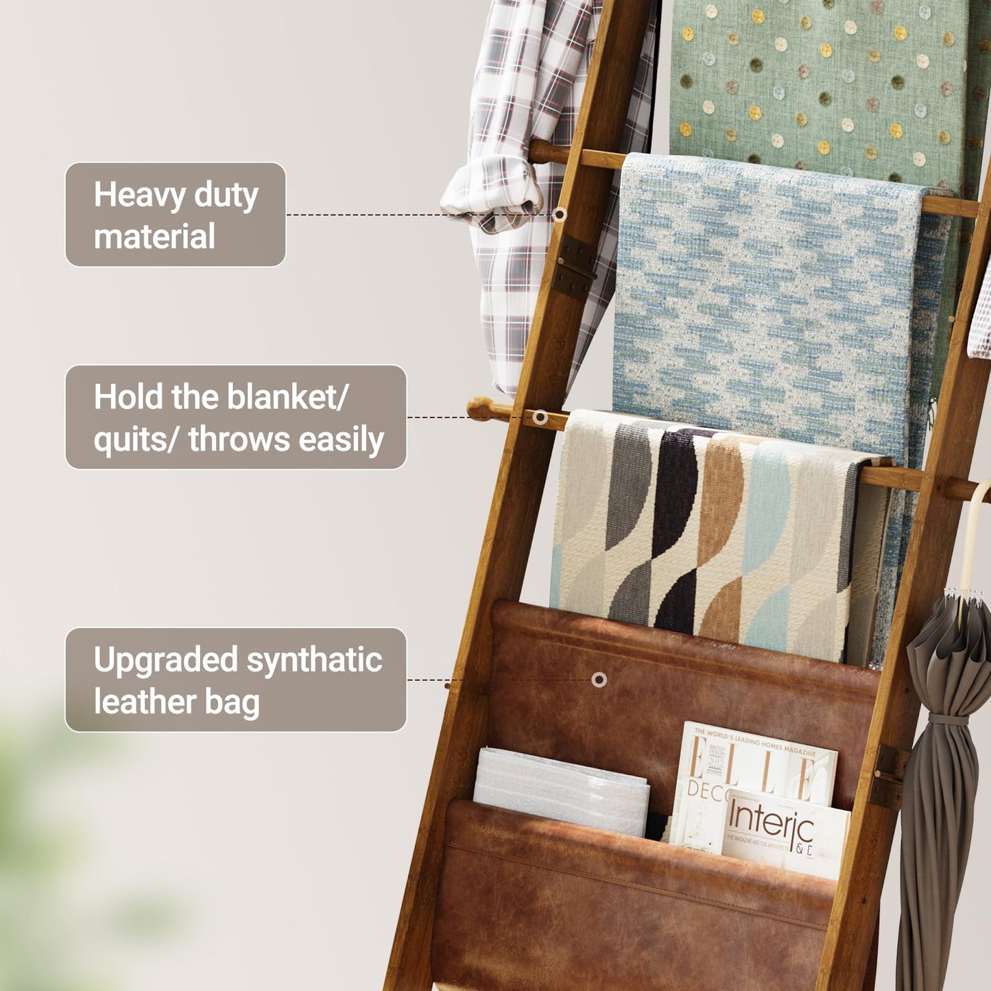 ELYKEN Blanket Ladder for Living Room, 5-Tier Wooden Towel Rack with Synthetic Leather Pocket, 4 Removable Hooks, Decorative Leaning Ladder Shelf for Bedroom, Walnut