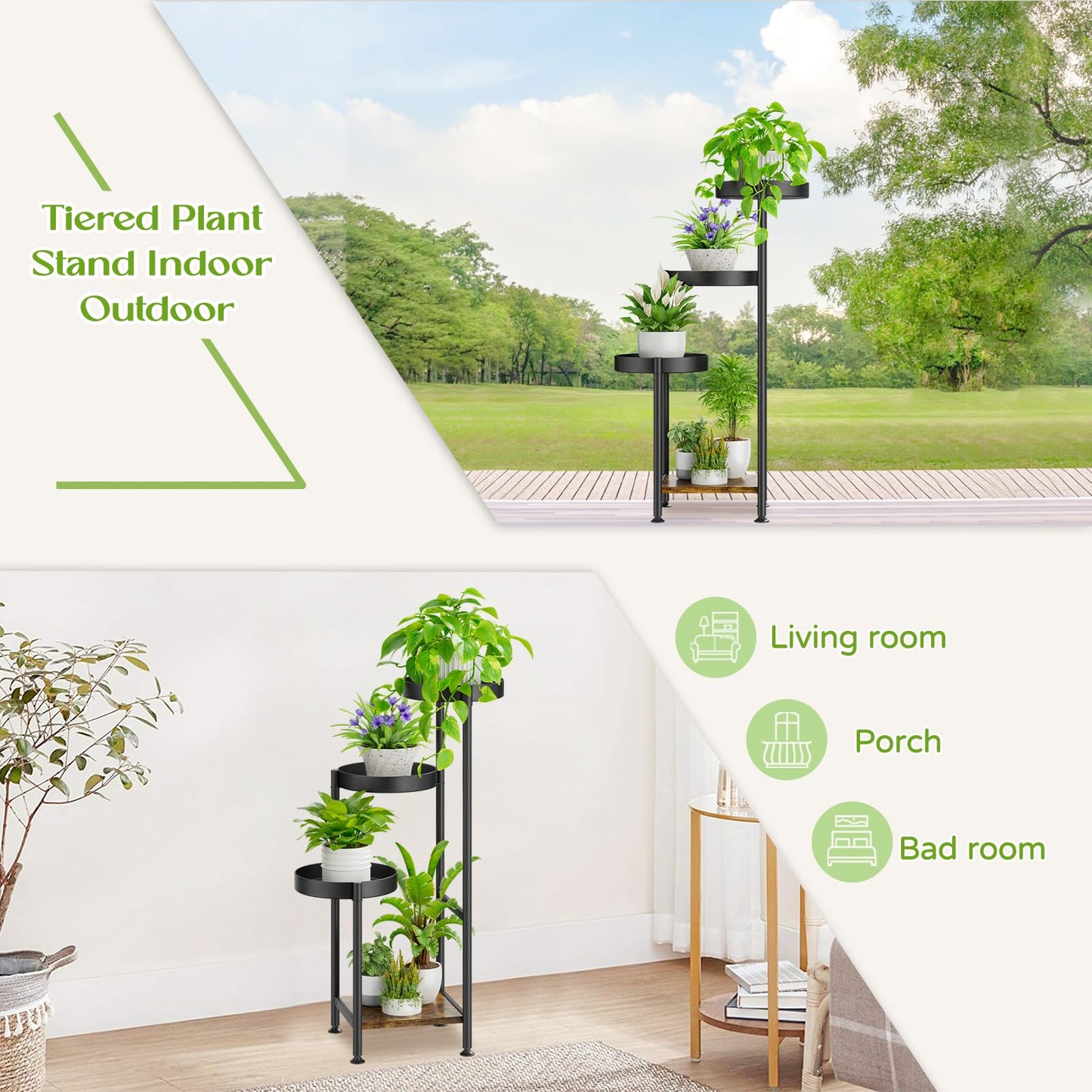 Oppro Plant Stand Set of 2, Tiered Metal Wood Corner Planter Stands Flower Shelf for Indoor Outdoor Plants