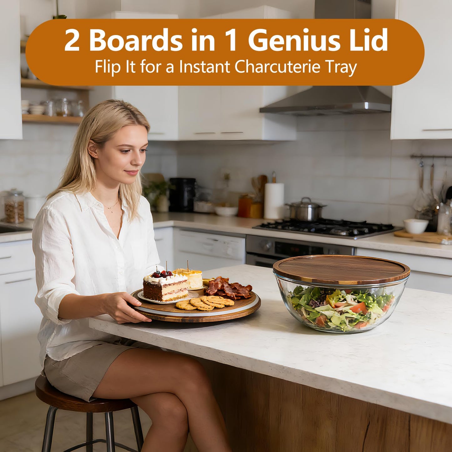 Anyvape Glass Salad Bowl Set, 4.8QT with Acacia Wood Lid & Utensils