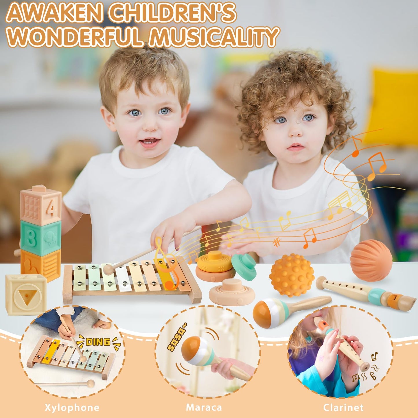 Wuzhineisn Baby Toys Montessori Toys 6 in 1 Musical Instruments for Toddler, Stacking Blocks Development Learning Educational Toy with Wooden Xylophone Infant Baby Birthday Gift