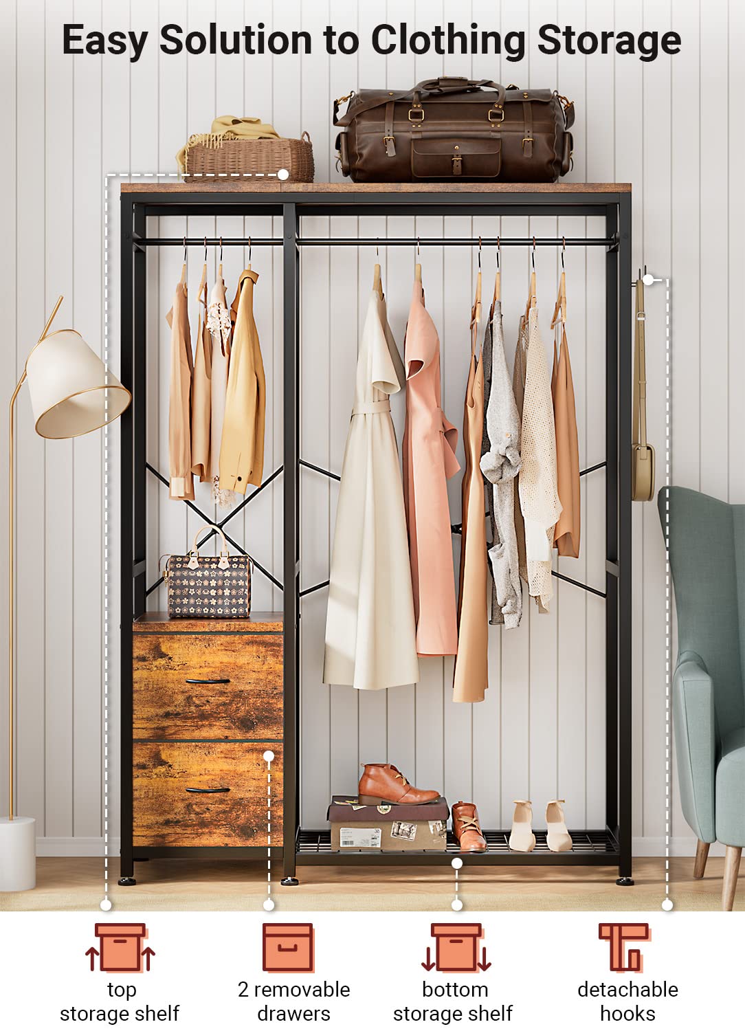 Lulive Clothes Rack with 2 Rods, Shelves, Drawers & Hooks, Garment Rack