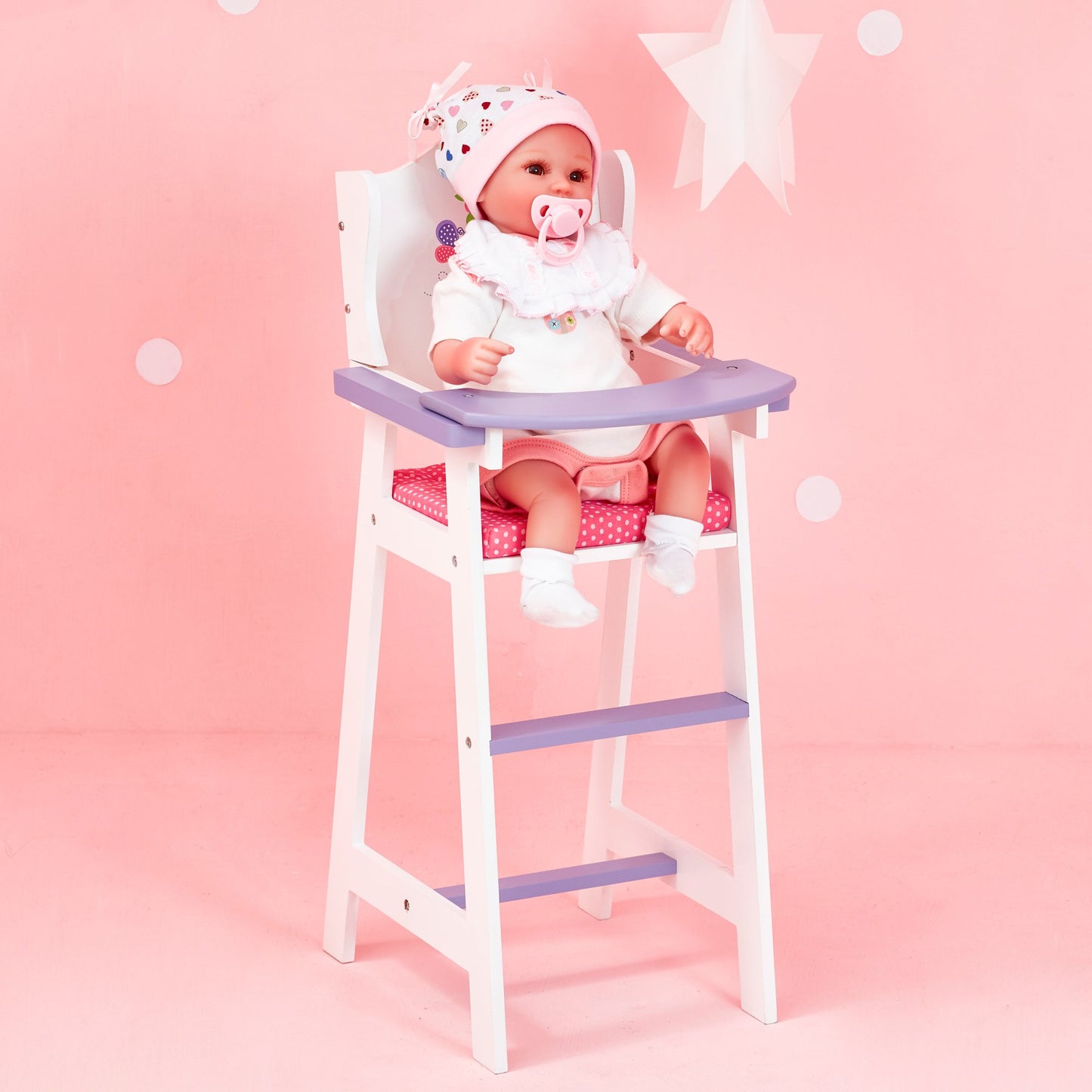 Olivia's Little World Little Princess Baby Dolls High Chair with Fixed Tray and Pink Polka Dot Cushion, White/Purple